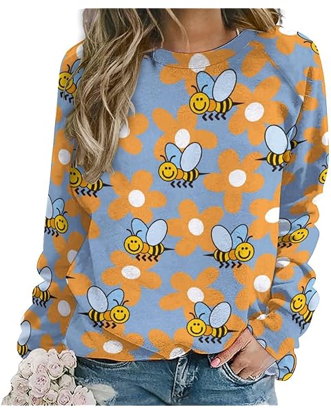 bzaxxqi Yellow Flowers Crewneck Sweatshirt for Women Long Sleeve Shirts Spring Fall Pullover Sweatshirt