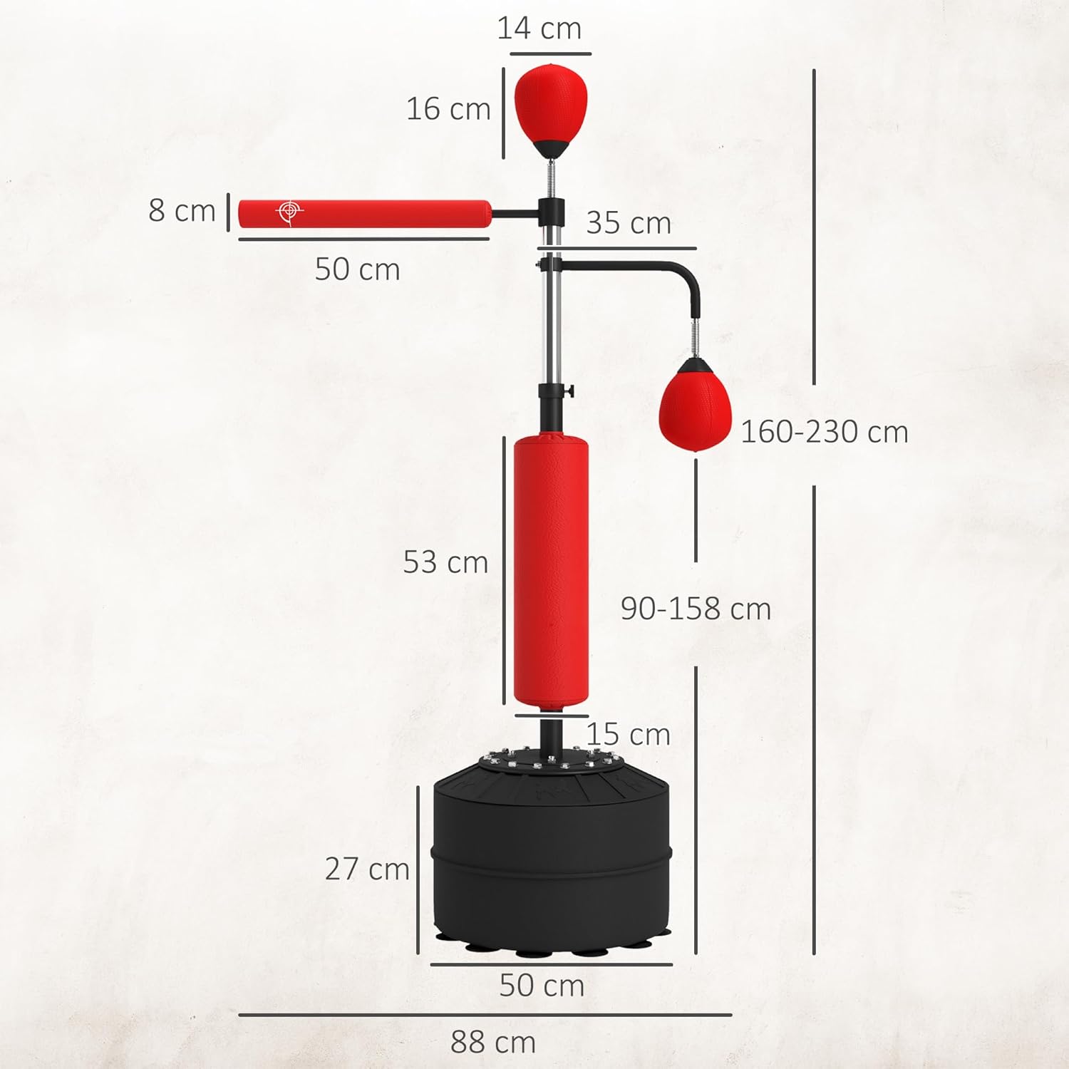 Detailed diagram showing all dimensions of the HOMCOM Standing Punching Bag, including height, width, and component sizes.