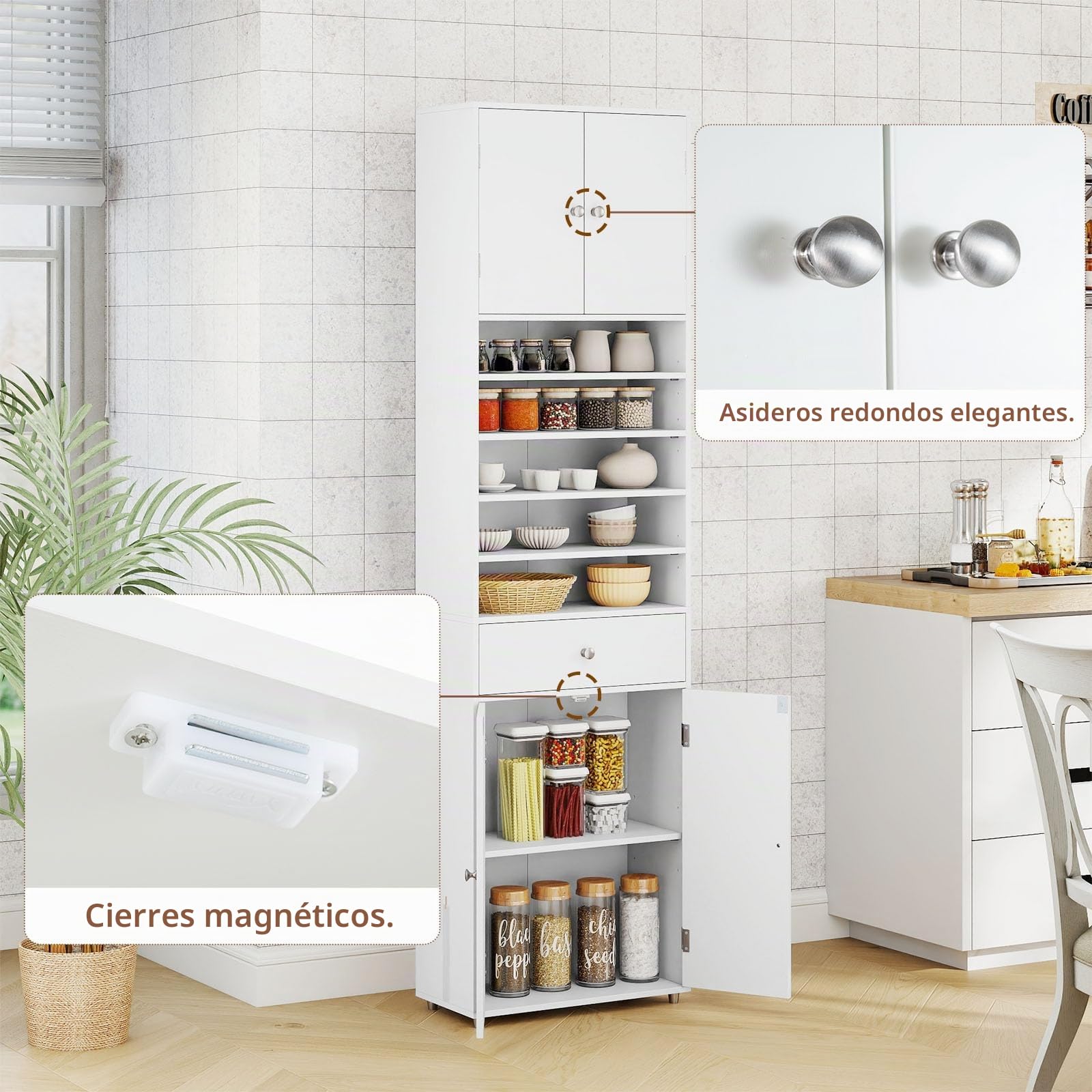 LIFEZEAL Armario de Baño Alto, Armario de Almacenamiento Compacto con 5 Compartimentos Abiertos, Cajón y Estantes Ajustables, para Baño y Sala de Estar, 50 x 24 x 180 cm