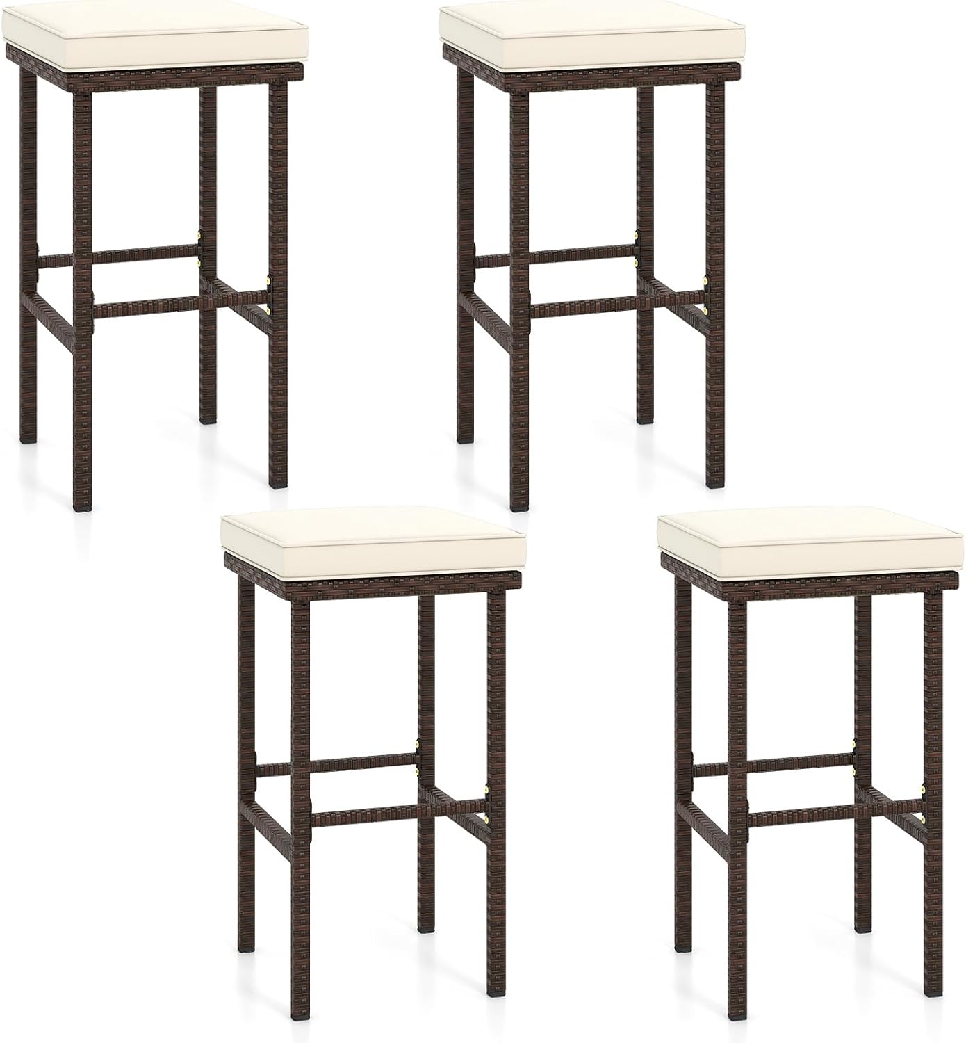 Tangkula Patio Wicker Bar Stools Set of 4, Patiojoy Outdoor Bar Height Chairs w/Seat Cushions & Footrest, Heavy-Duty Metal Frame, 400 lbs Load Bearing, Backless PE Rattan Bar Chairs