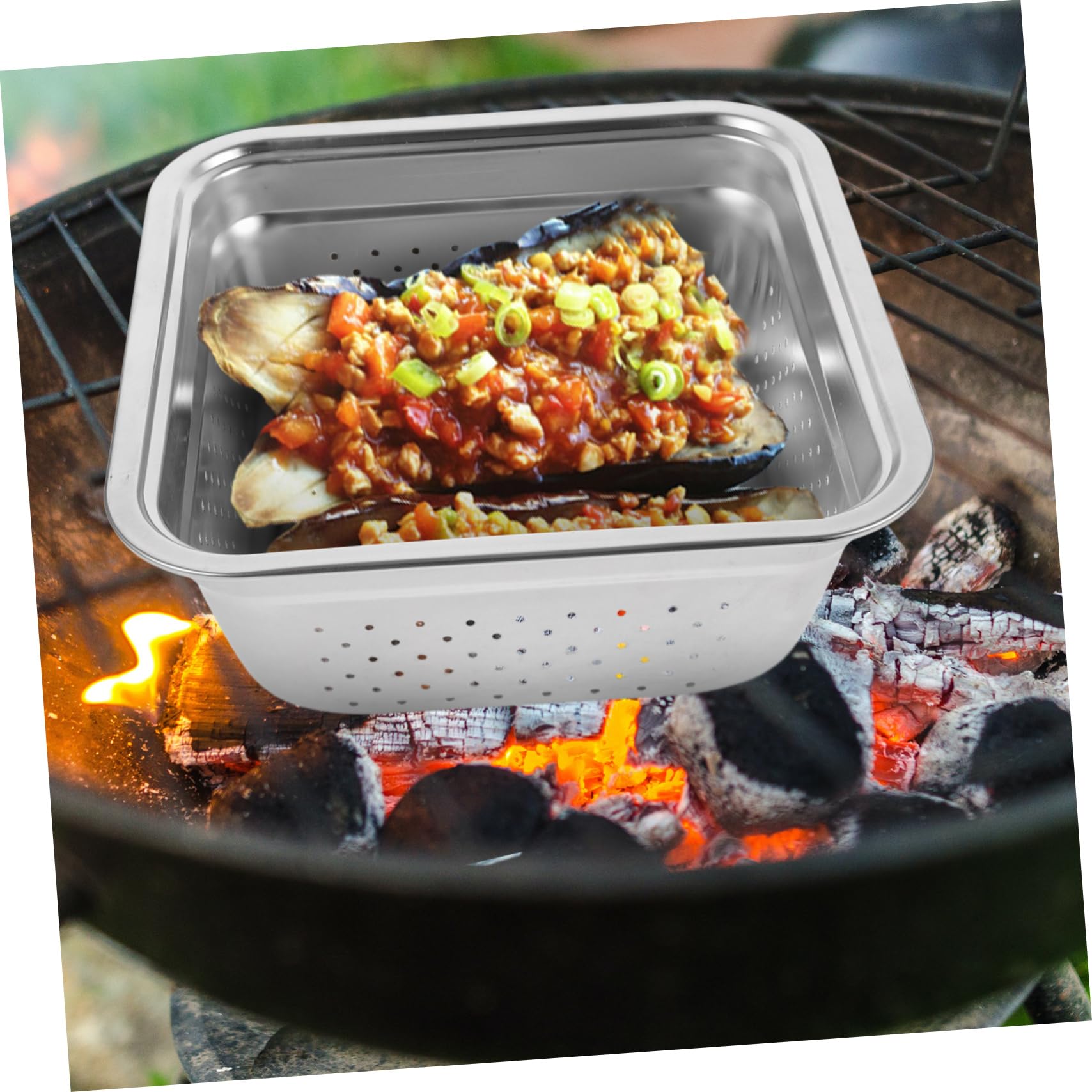 BESPORTBLE 2stücke Wiederverwendbarer Grillkorb Aus Edelstahl Tragbare BBQ Grill-Schale Mit Löchern Für Gemüse Und Für Outdoor-Camping Und Gartenpartys