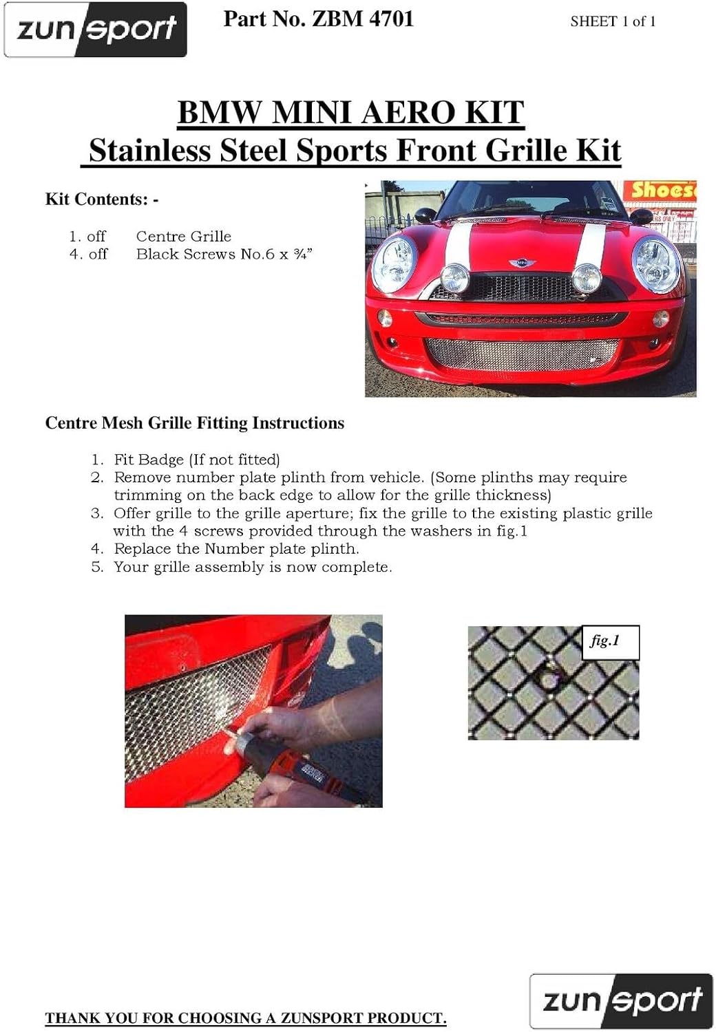 Zunsport Compatible With Mini Cooper R50 JCW & R53 JCW - Centre Grille - Black Finish (2000 to 2006)