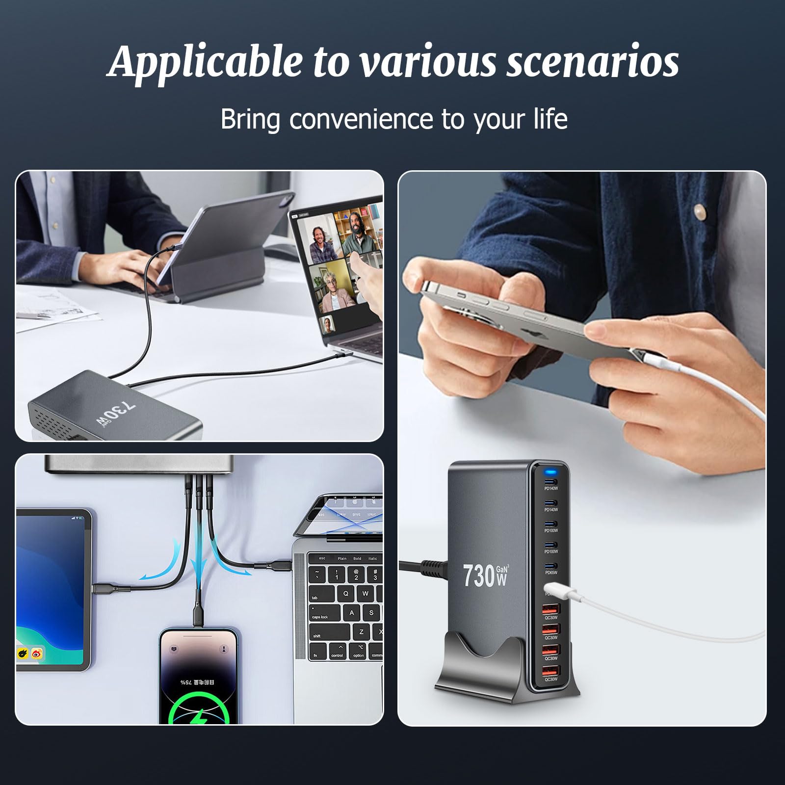 PD140w GaN 3 - Caricatore USB C da 730 W, 10 porte, con 6 porte USB C + 4 porte USB A, per MacBook Air, iPad, iPhone 17/16/15/14, Galaxy S25