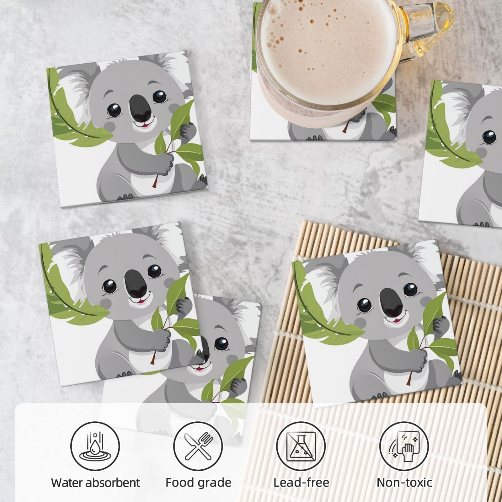 Keramikuntersetzer mit niedlichem Koala-Muster, quadratisch, saugfähig, mit Halter, für Zuhause, Büro, Bar, Restaurant, 6 Stück