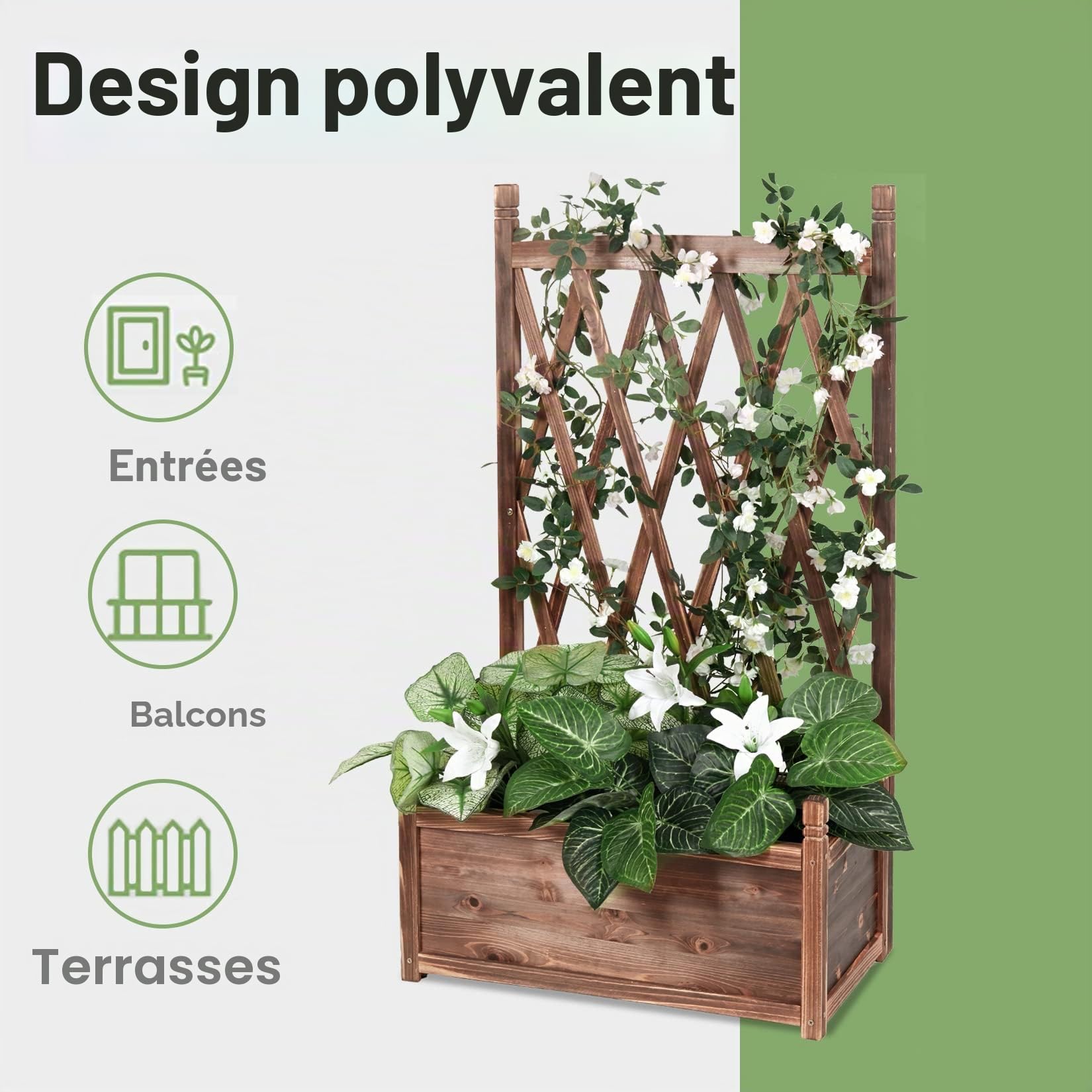 UNHO Jardinière Treillis Extérieure Bois: Bac à Fleurs Rectangulaire Grande Taille Carré Potager Surélevé de Jardin Esthétique et Pratique Idéal pour Balcon Patio Terrasse - 64x37x115cm Charge 45kg