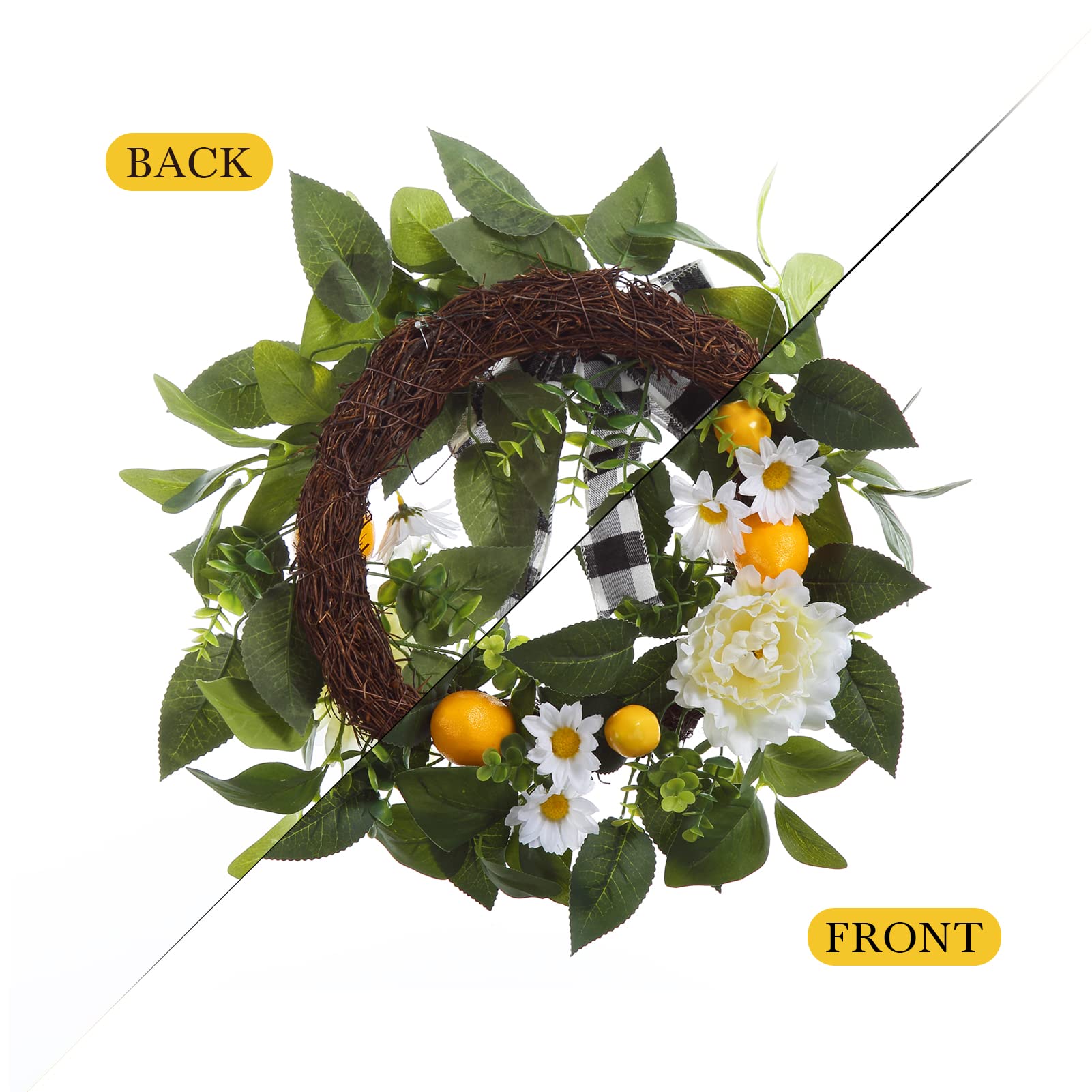 Adeeing 20 Inch Lemon Wreath for Front Door, Spring Summer Wreath with Artificial Lemon Peony Flower and Bow, Grapevine Wreath Farmhouse Lemon Decor for Home Kitchen Party Wall Window Indoor Outside