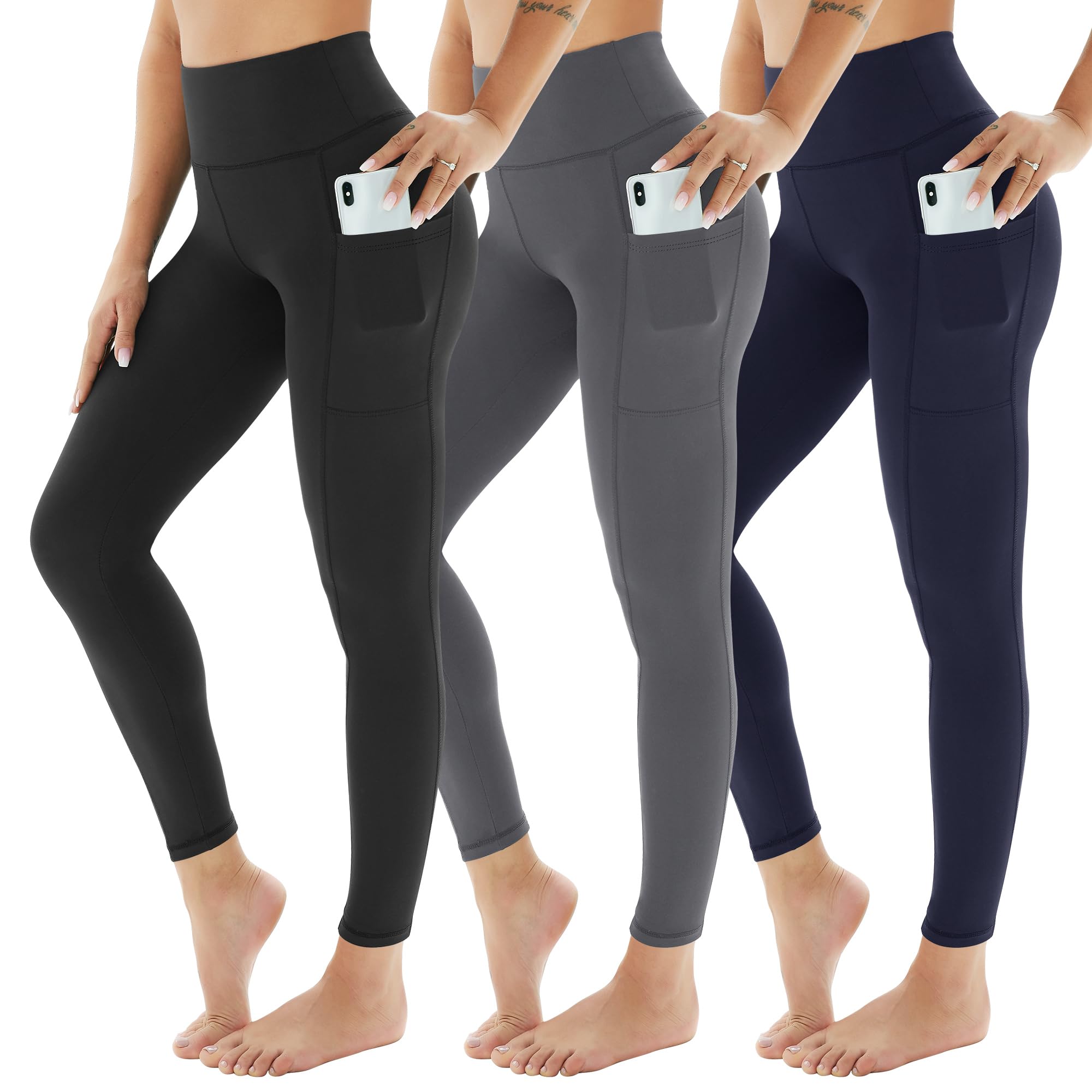 AMIYOYO Sport Leggings Damen mit Tasche High Waist Leggins Blickdicht Sporthose Bauchweg Sportleggins Lang Dehnbar Hose Yoga für Gym Fitness 3er Pack