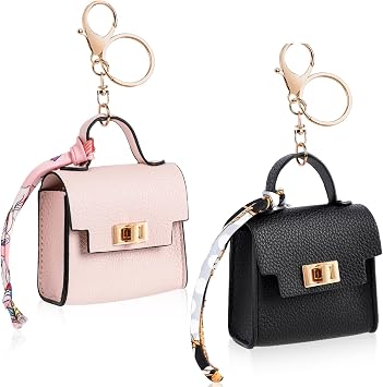 2 PACK Mini Backpack Keychain, Cute Cosmetic Bag for Purse with Wrist Strap, PU Leather Makeup Bag Headphone Pouch for Girls Women, Birthday/Party/Christmas Gifts Ladder-Black+Pink