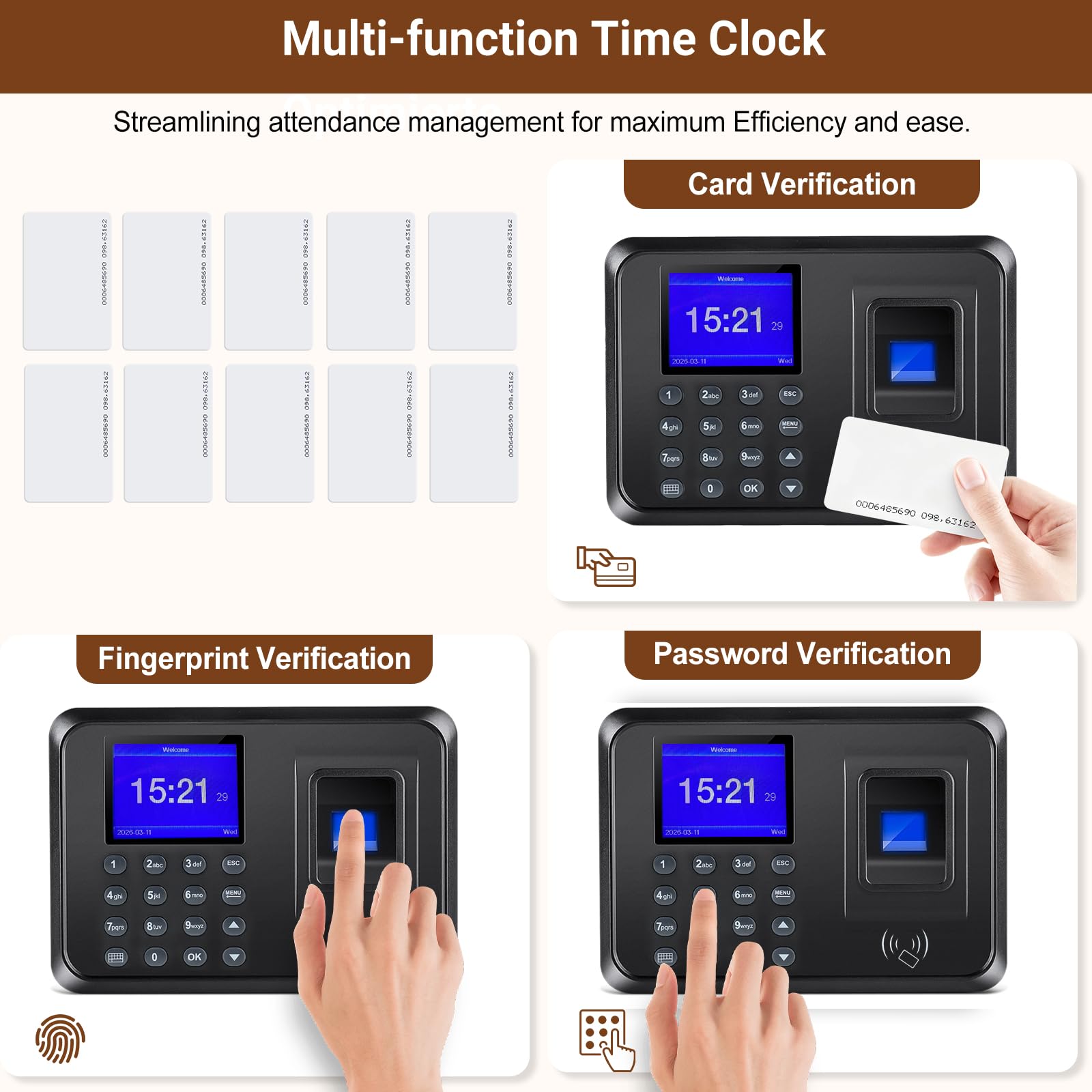 Time Clock for Small Business, Biometric Clocking in Machine with Fingerprint/RFID/PIN – Staff Attendance System for Office Factory, Includes 10 RFID Cards & 8GB U-Disk, No Monthly Fees — view 3