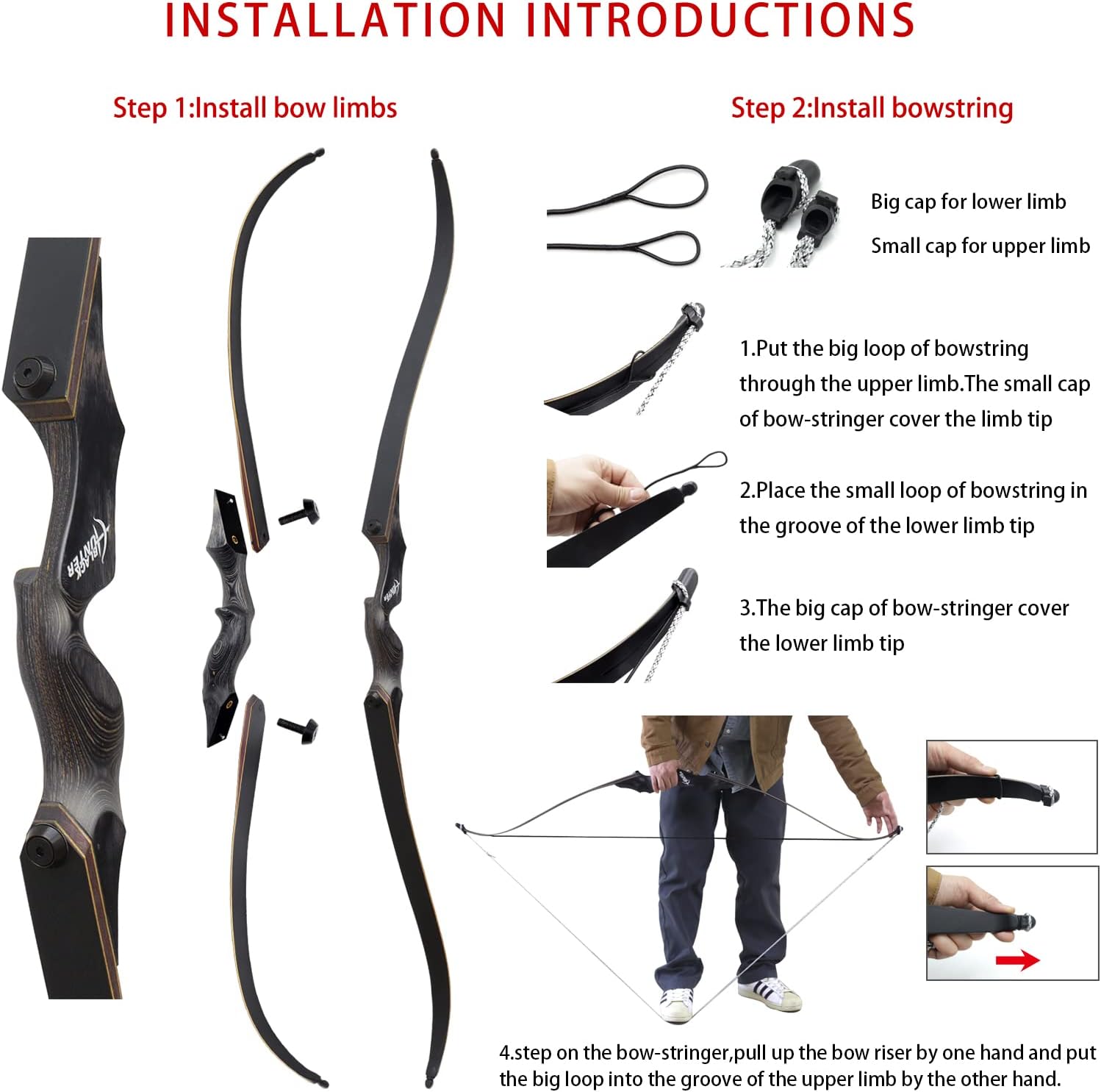 Obert Black Hunter 60" Archery Takedown Recurve Bow Left Hand 20-60lbs Bamboo Core Limb for Hunting Target Practice