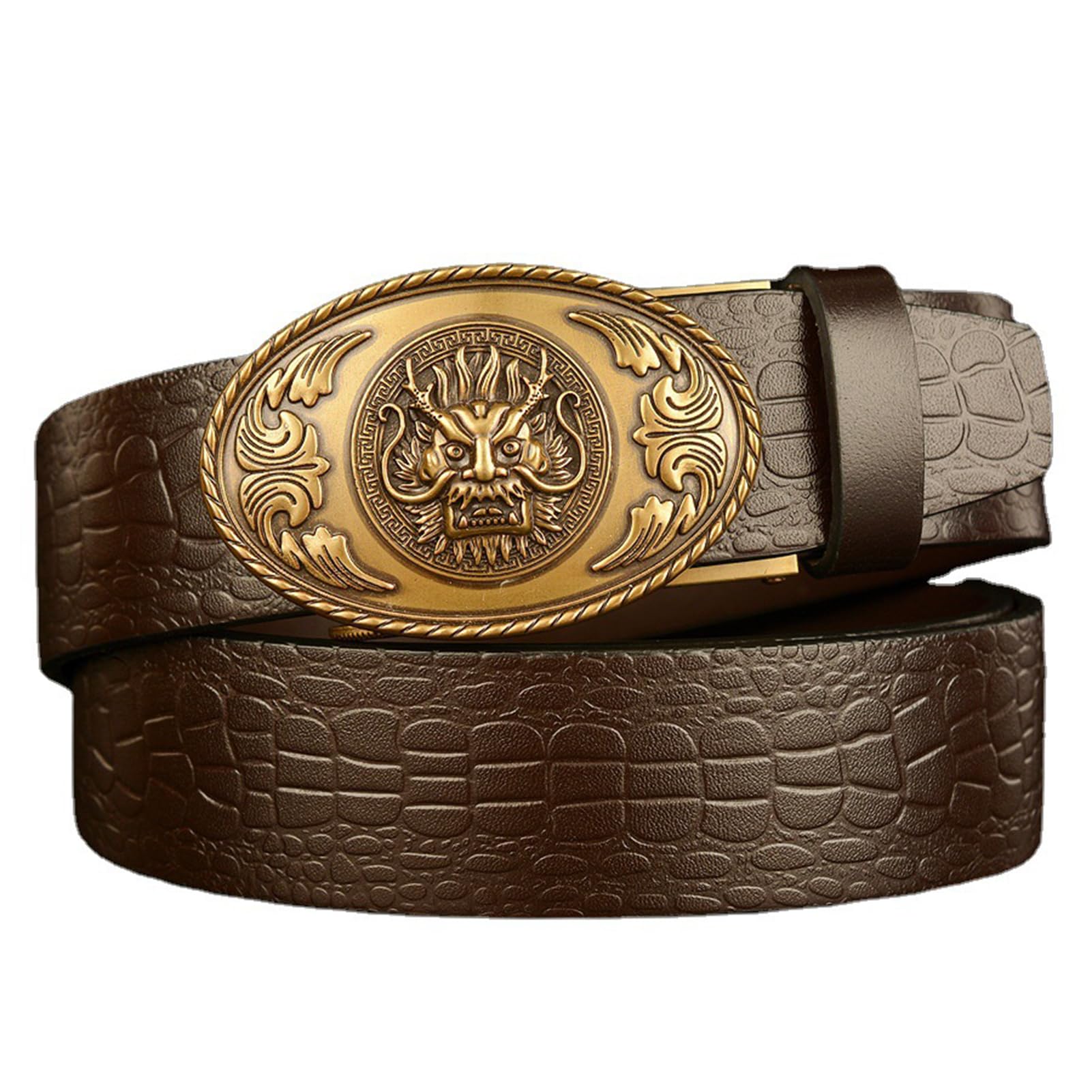 Cinturón Con Trinquete En Relieve, Hebilla Automática Ovalada Deslizante Cabeza De Dragón Dorada, Correa Vaquera Grabado Cocodrilo For Jeans