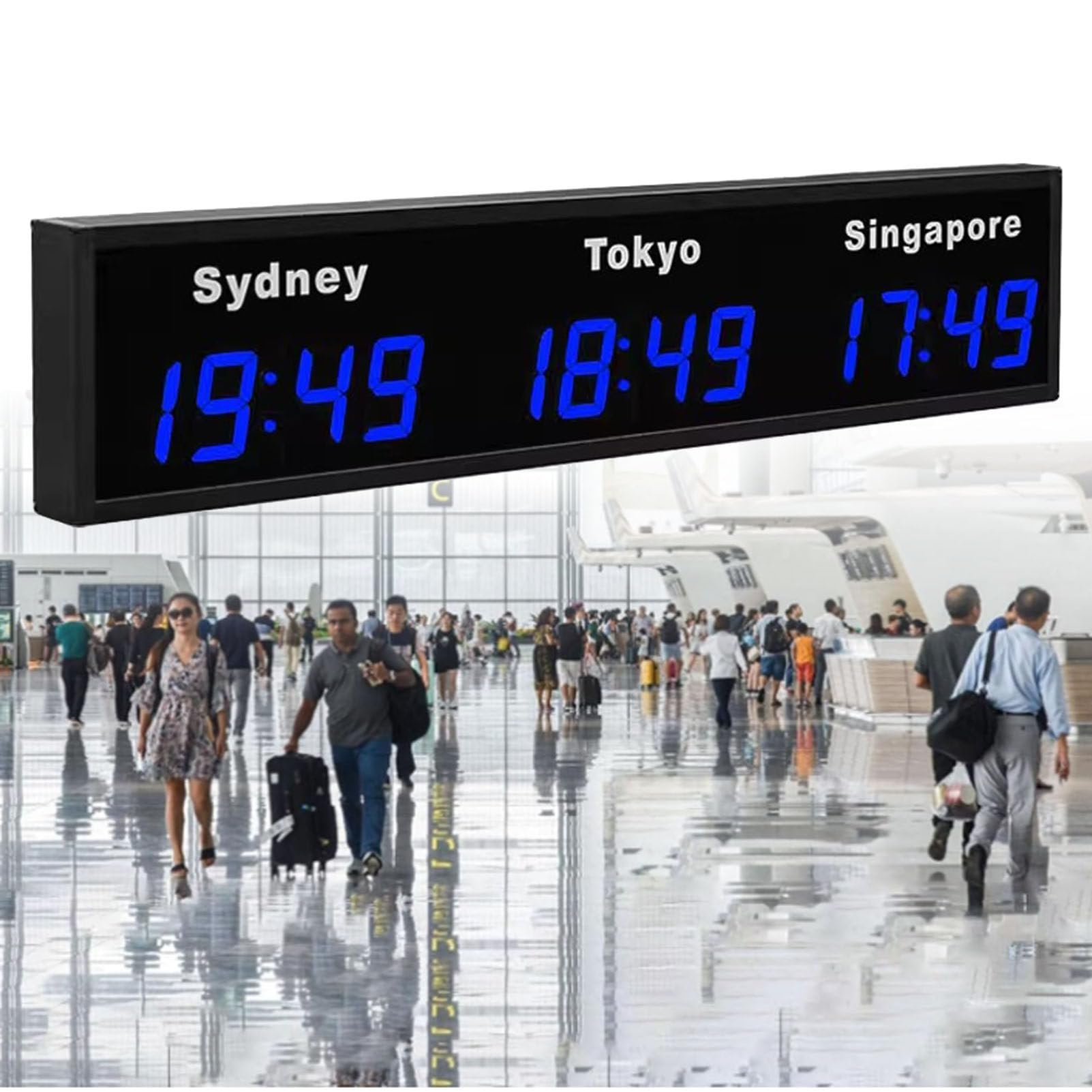 Reloj mundial digital LED grande de pared con zonas horarias para 3 ciudades en hoteles