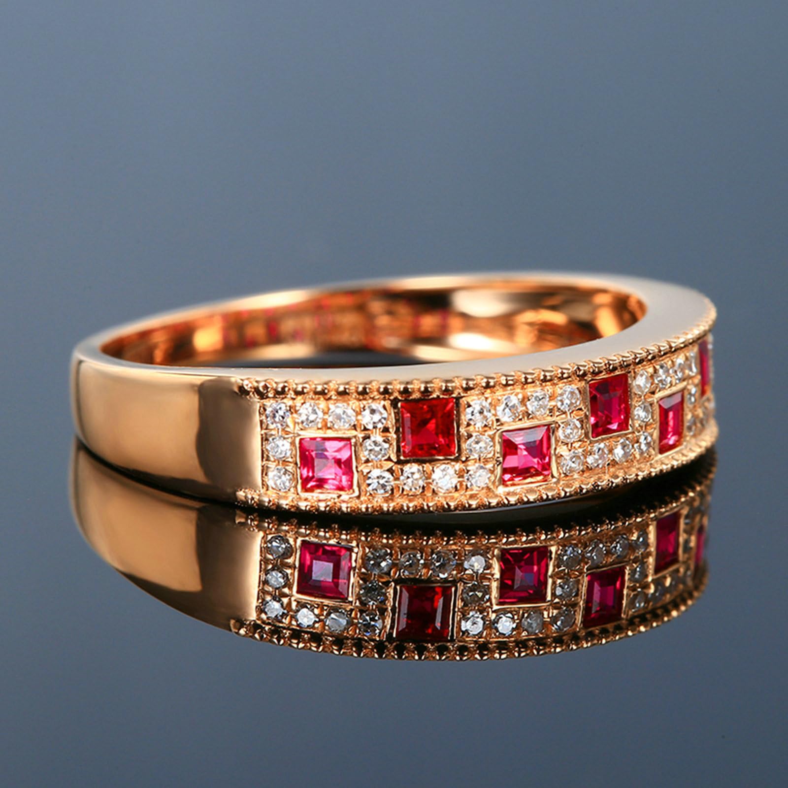 Pierścionki z różowego złota 14K dla kobiet, pierścionek zaręczynowy elegancki czerwony rząd rubinowy syntetyczny 0,37ct i moissanit pierścionek dla dziewczyny, panny młodej różowe złoto