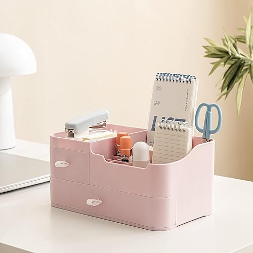 Miniatura 3 de HBlife Organizador de maquillaje de plástico para tocador con 2 cajones, organizadores grandes para el cuidado de la piel, 8 compartimentos,