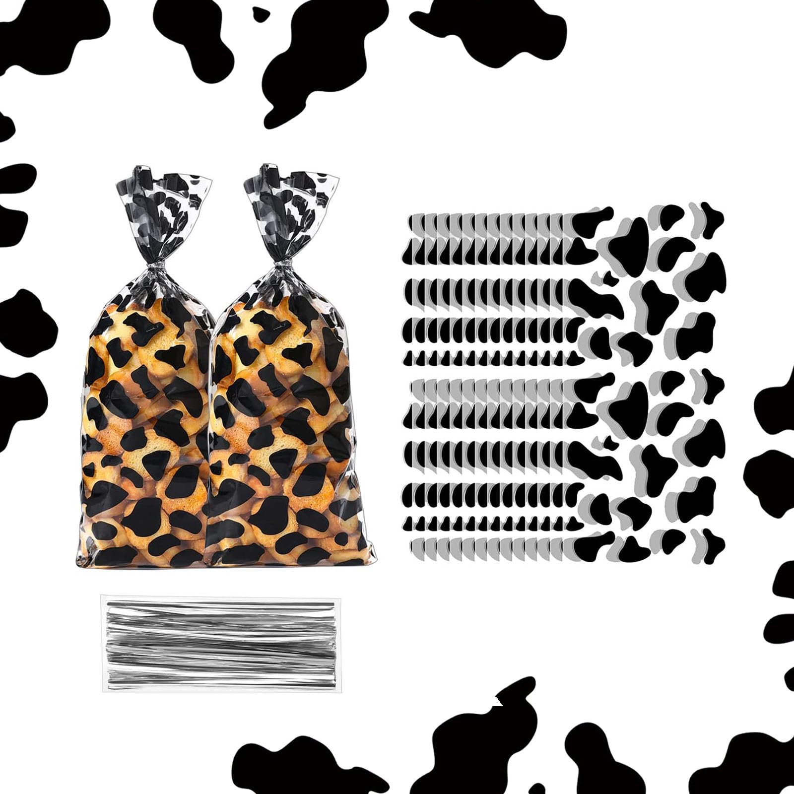 50 Pieces Cow Print Cellophane Bags Farm Animal Candy Bags Heat SealableTreat Bags for Western Farm Animal Themed Birthday Party