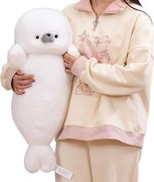 26" White Chubby Seal Plush Pillow, Stuffed Animal Toy for Kids