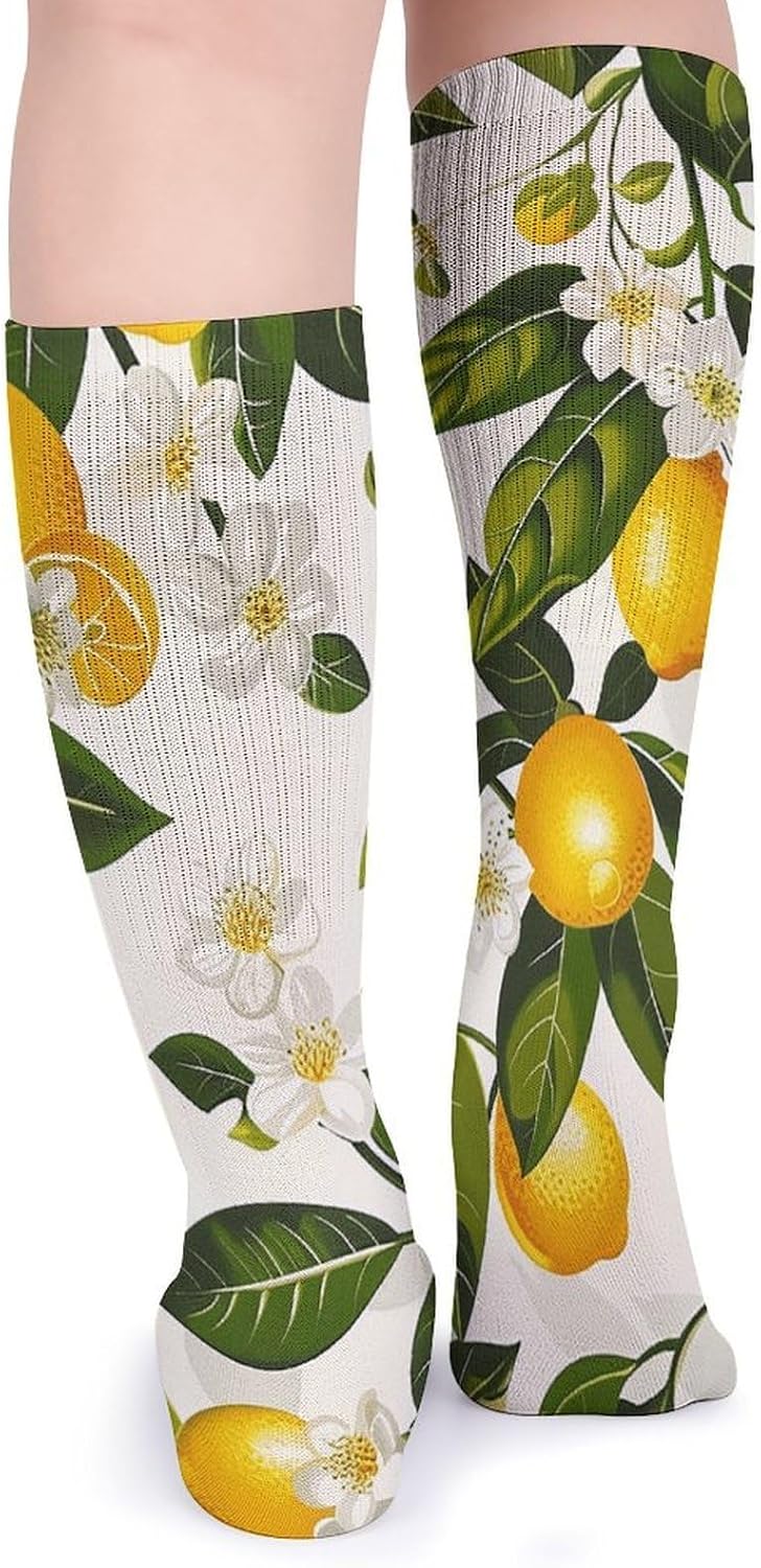 Breathable Crew Sock, Moisture Wicking, Athletic Calf Socks, Cozy | Lemons And Flowers Compression Socks for Women Men, Lightweight High Work Socks for Business, Casual