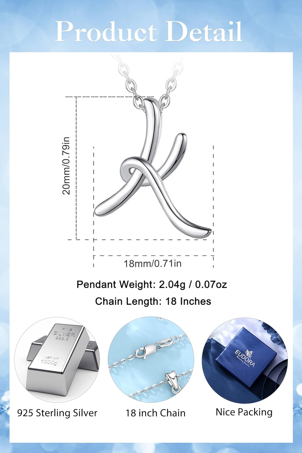 EUDORA Sterling Silver Initial Necklaces for Women, Classic 26 Letter Neckless Gifts for Girls, Sister, Mother Daughter, 18 inch Chain - Image 6
