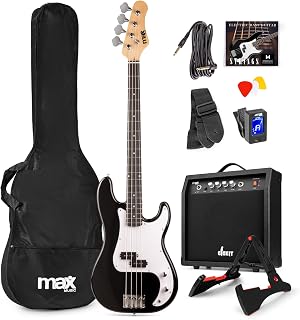 Max GigKit Pack completo de bajo electrico con amplificador bajo eléctrico de 40W, soporte bajo electrico de suelo, funda bajo electrico, afinador, cable de 3 metros, cuerdas bajo - Color negro
