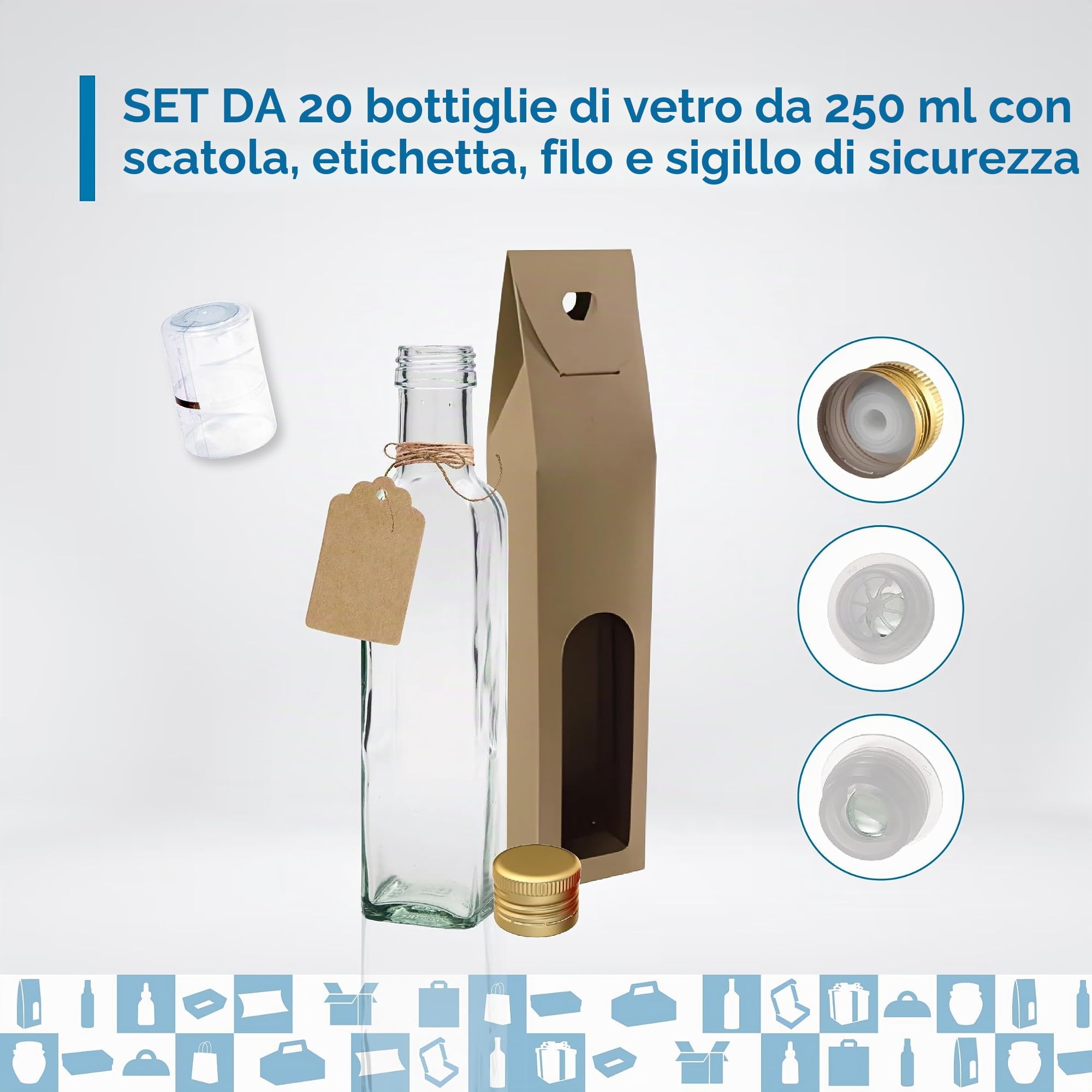 Set 20 Bottiglie di Vetro 250 ml con Tappo Dorato e Beccuccio + 20 Scatole, 20 Sigilli e 20 Etichette Kraft – Oliera Regalo per Olio e Aceto | Espirito Rebelde