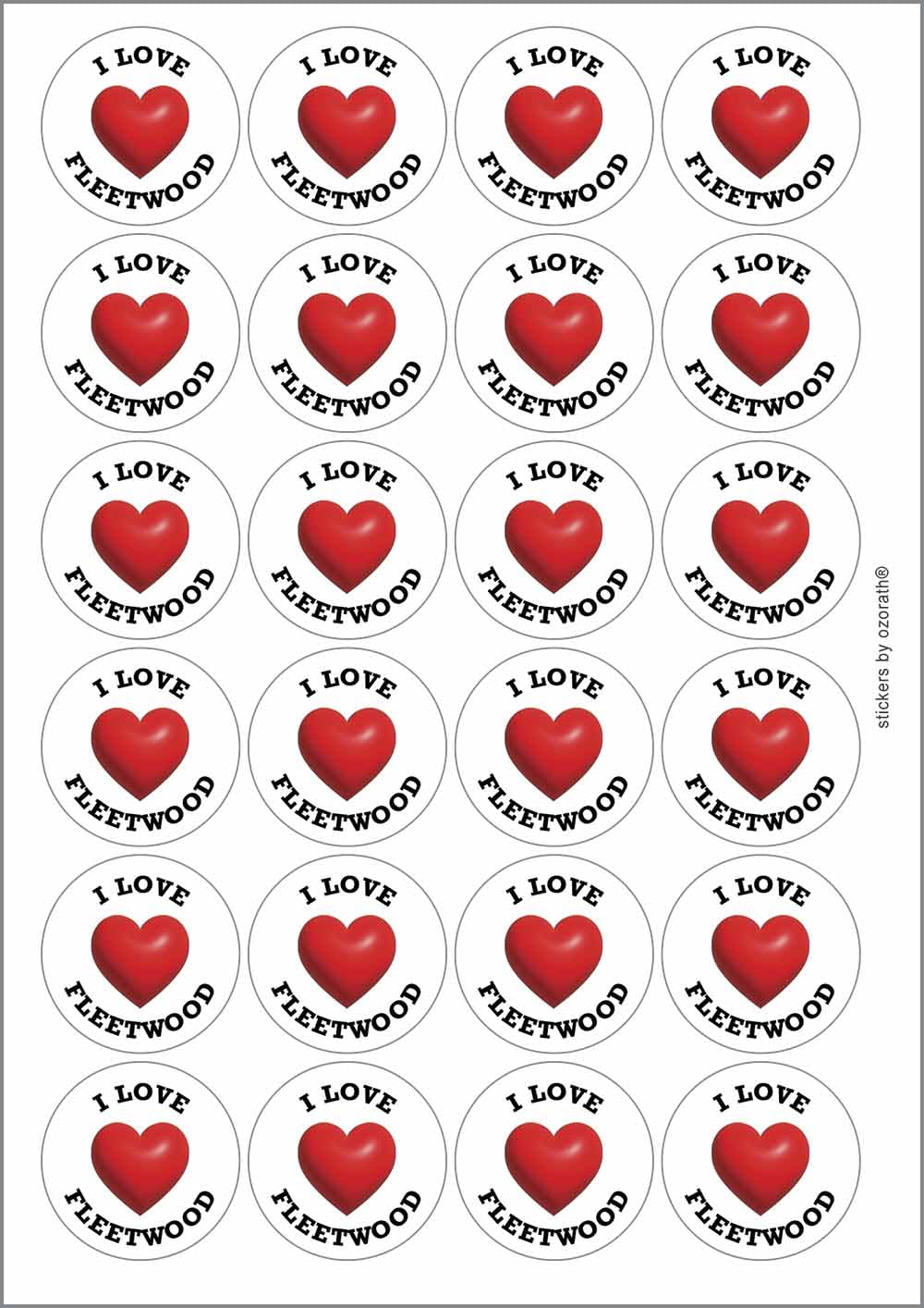 I Heart Love Fleetwood Location Circular Matt Paper Stickers A4 Sheet of 24 (Each Sticker is 45mm Diameter)