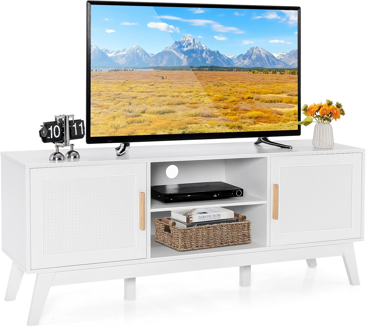 LOKO Natural Rattan TV Stand for 65-Inch TV, Media Storage Cabinet with 2 Doors, Adjustable Shelf, Modern Media Entertainment Center with Cable Management Holes for Living Room, Bedroom
