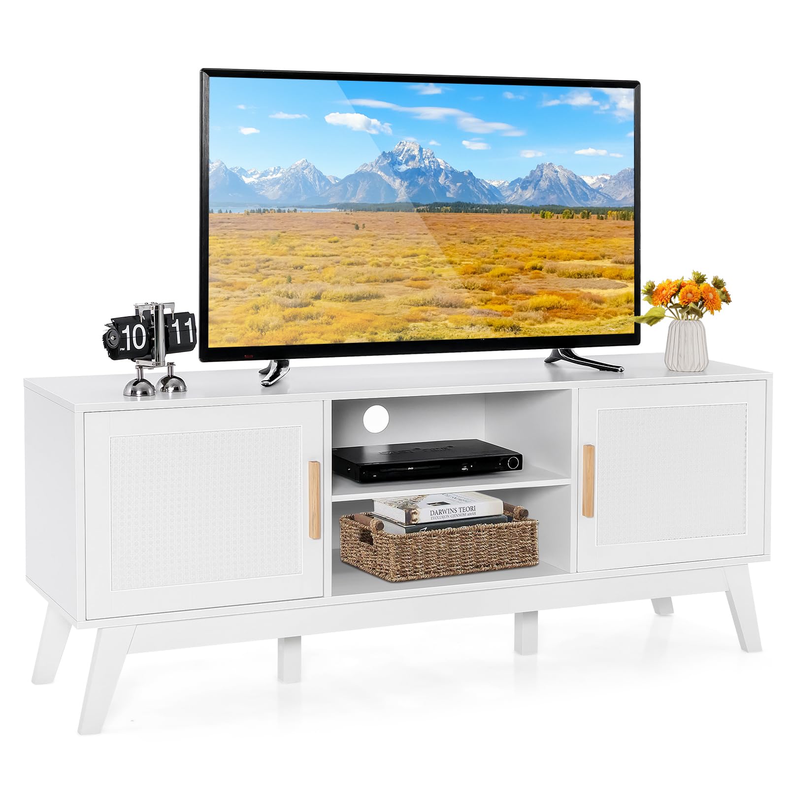 LOKO Natural Rattan TV Stand for 65-Inch TV, Media Storage Cabinet with 2 Doors, Adjustable Shelf, Modern Media Entertainment Center with Cable Management Holes for Living Room, Bedroom