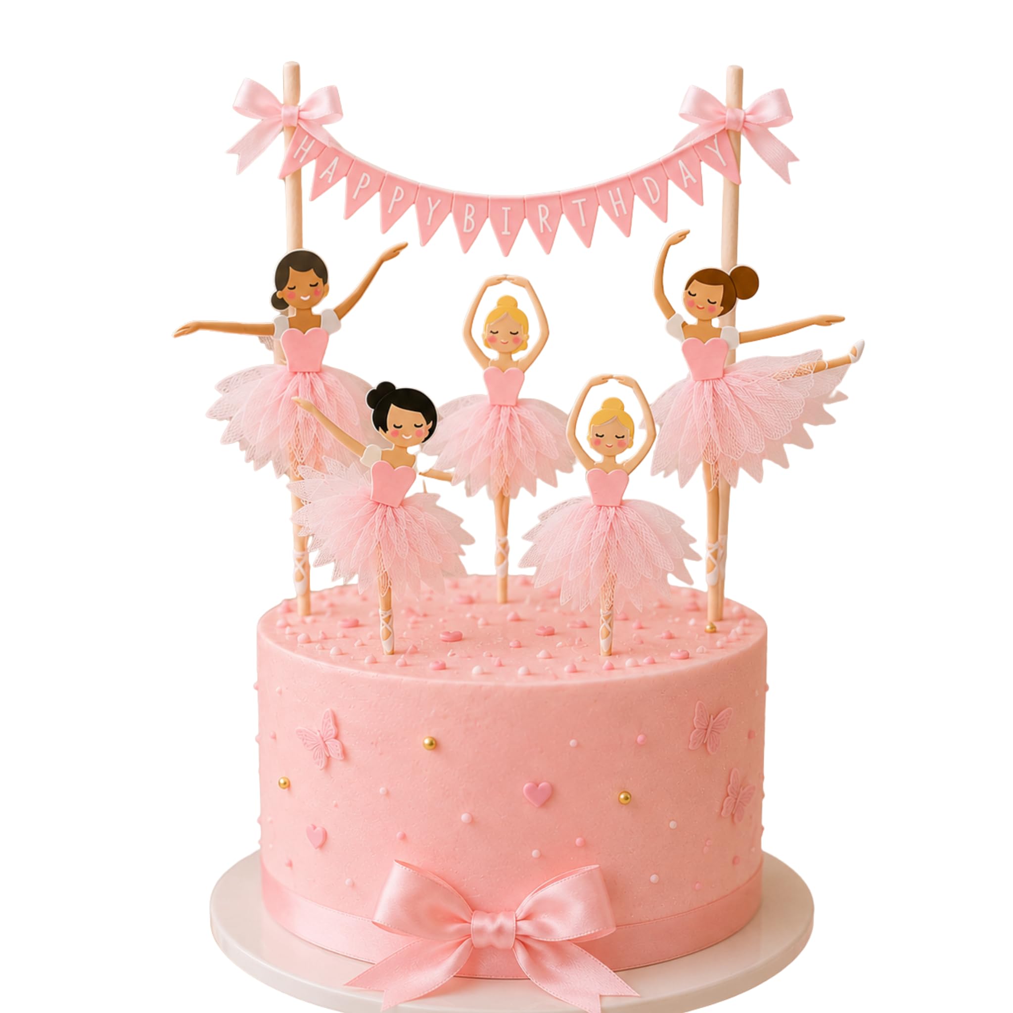 100% handmade specially designed Ballerina ballet dancers with pompom dresses girls pink bow birthday cake topper with happy birthday banner decorations 6pcs set