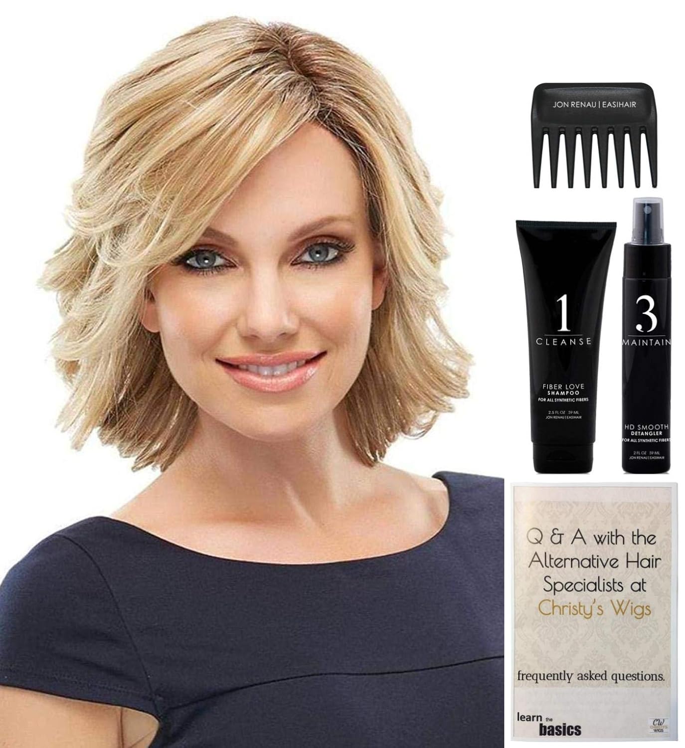 BUNDLE - 5 Items: Elizabeth Heat Friendly Synthetic Wig by Jon Renau, Christy's Wigs Q & A Booklet, HD Smooth Detangler, Synthetic Shampoo & Wide Tooth Comb - Color: 12FS12