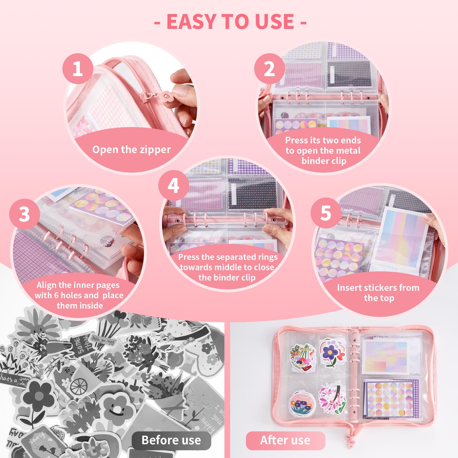 A5 Sticker Organizer Binder With Zipper - Star Pink Glitter Storage Album With 50 Pocket Pages