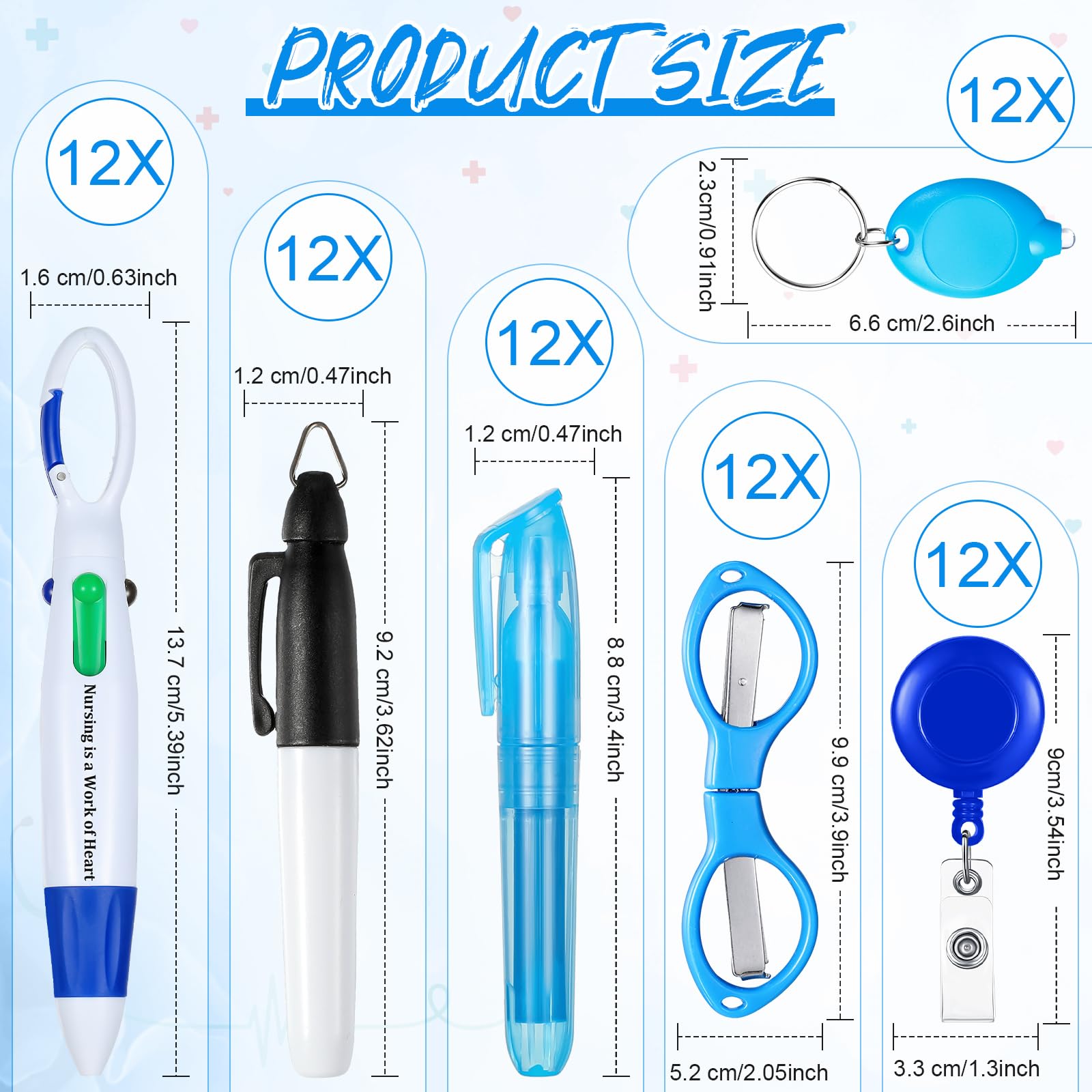 Glenmal Mini-Textmarker, Krankenschwesterstifte, Set mit Mini-Schere, Textmarker, einziehbarer Neon, Krankenschwesterstift, LED-Schlüsselanhänger, Clip, Taschenlampe, Schlüsselanhänger für