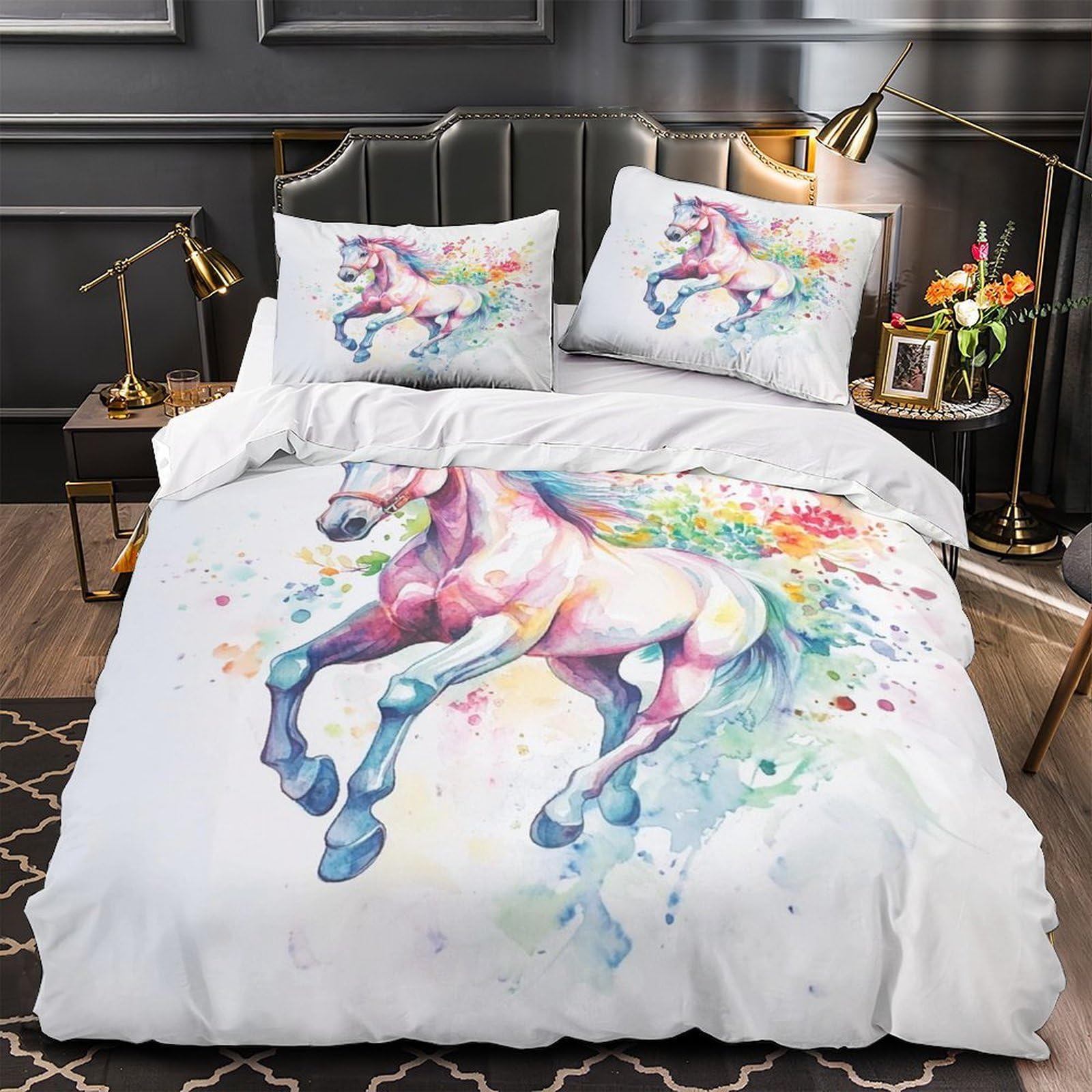 Housse de couette cheval 3D anti-acarien parure lit microfibre douce hypoallergénique enfant