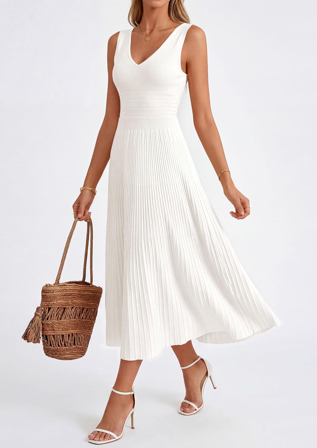 PRETTYGARDEN Summer Dresses for Women 2026 Spring Sleeveless V Neck Knit A Line Casual Midi Cocktail Wedding Guest Dress - Image 5