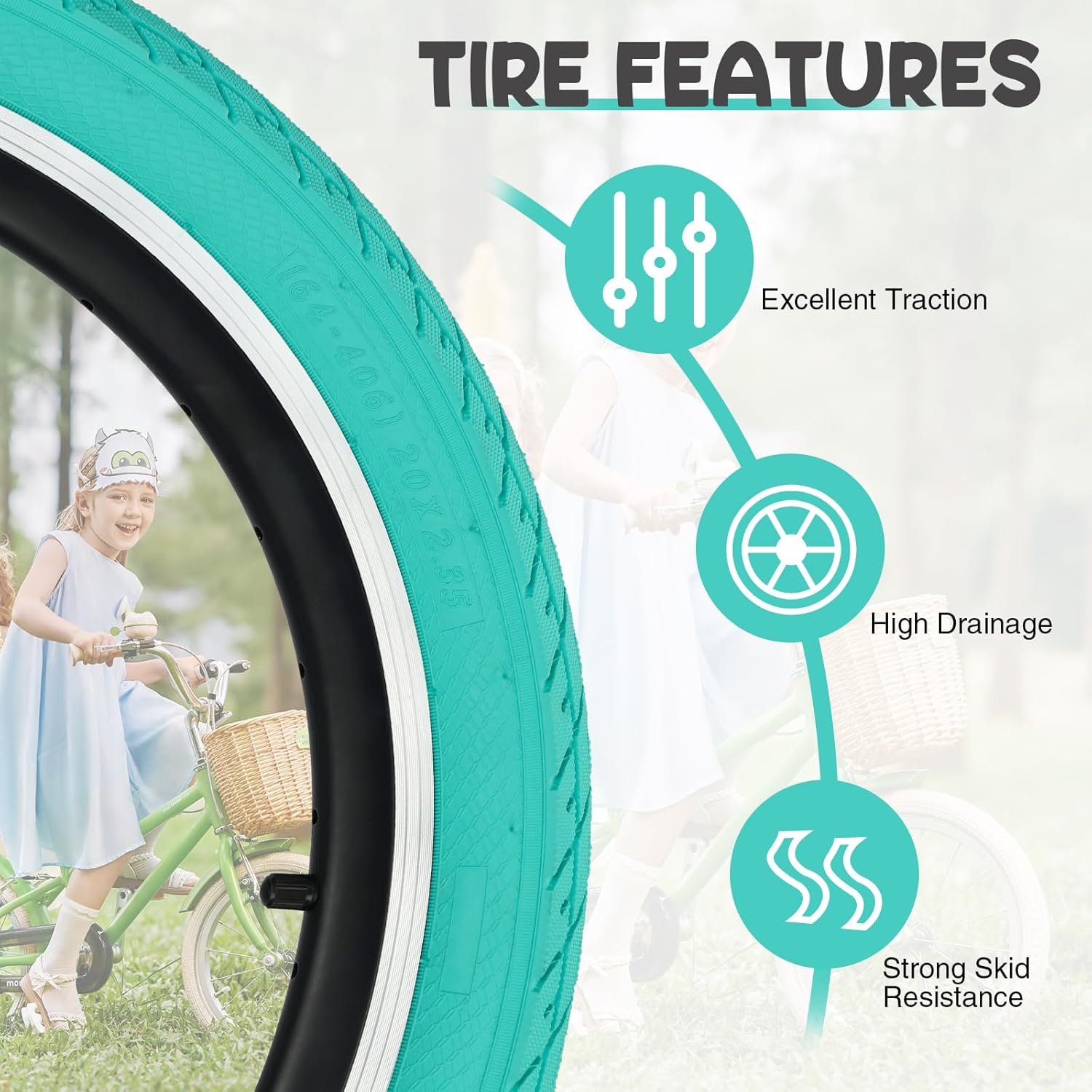 20 x 2.35 inch Kids Bike Tire Colorful Anti - Slip Foldable Replacement All Terrain with Levers for BMX Mountain Folding Bicycle