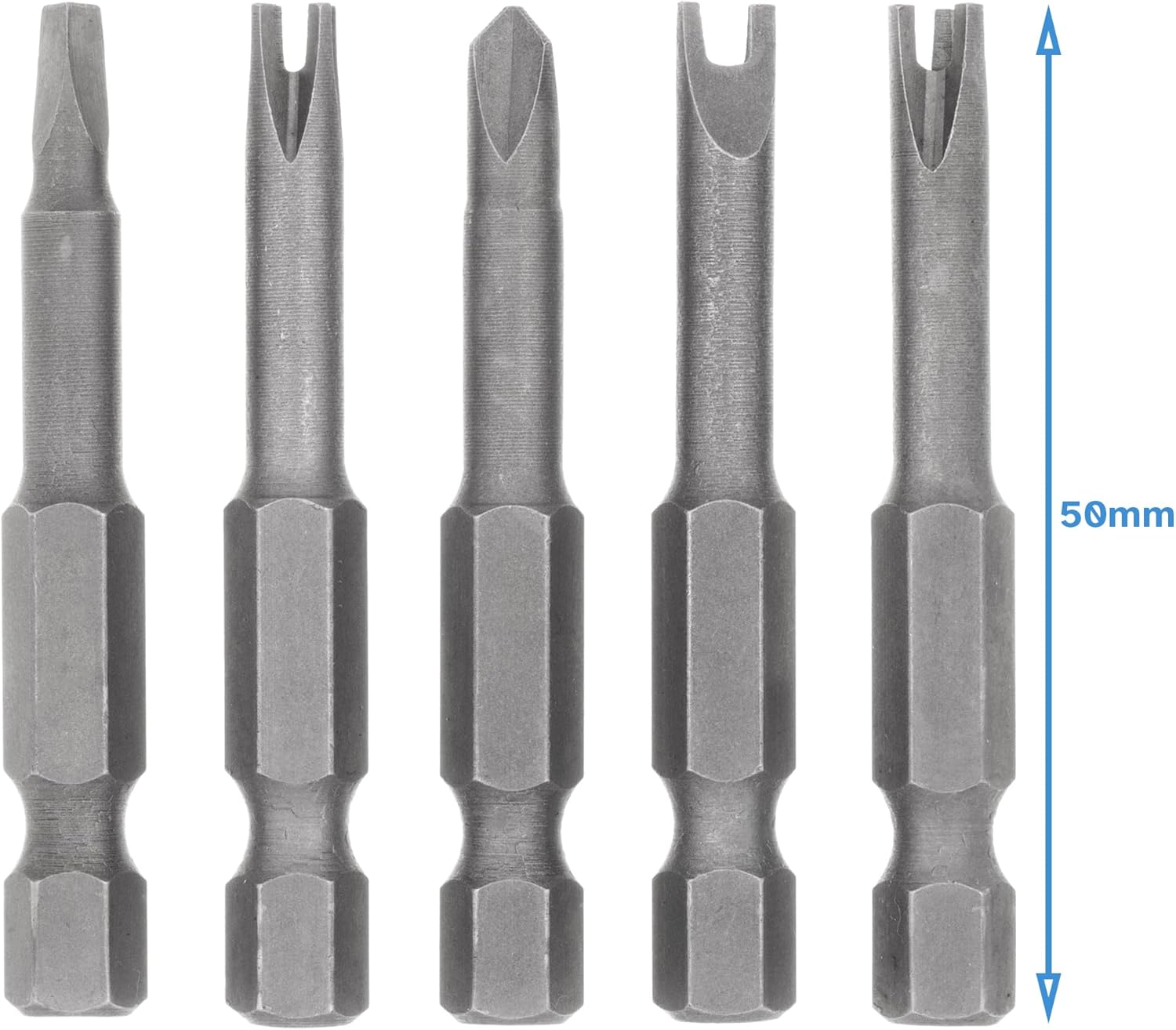 5pcs Assorted Tamper Proof Long Screwdriver Tool Bit Specialty Set (50mm) Tamper-Resistant Triangle, Cross, Tri-wing, Spanner, Tri-groove - S2 Tool Steel, 1/4" Hex Drive, Magnetic Head