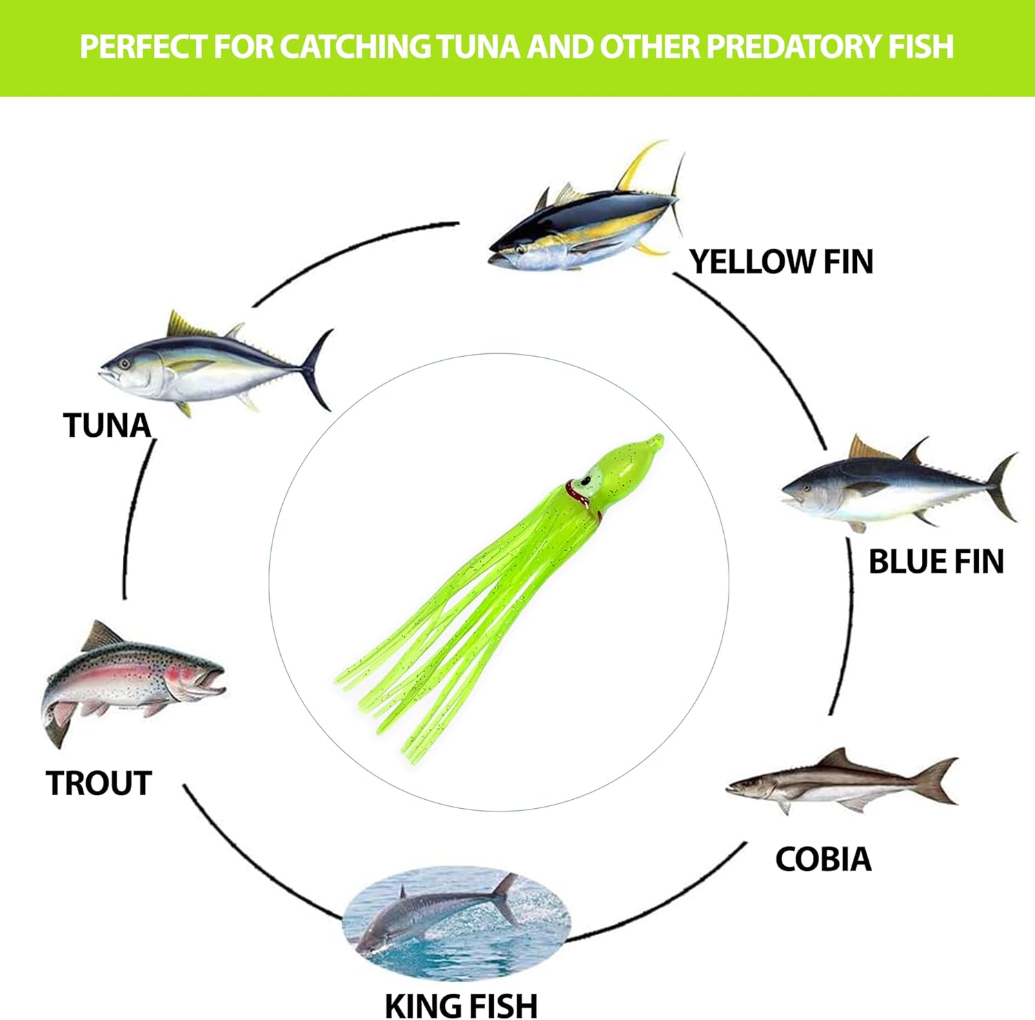 4.75" Hoochie Squid Skirts, 40 Pcs Chartreuse Color, for Saltwater & Freshwater Trolling, Includes Soft Plastic Bodies, Ideal for Salmon, Tuna, Mahi & Offshore Game Fishing