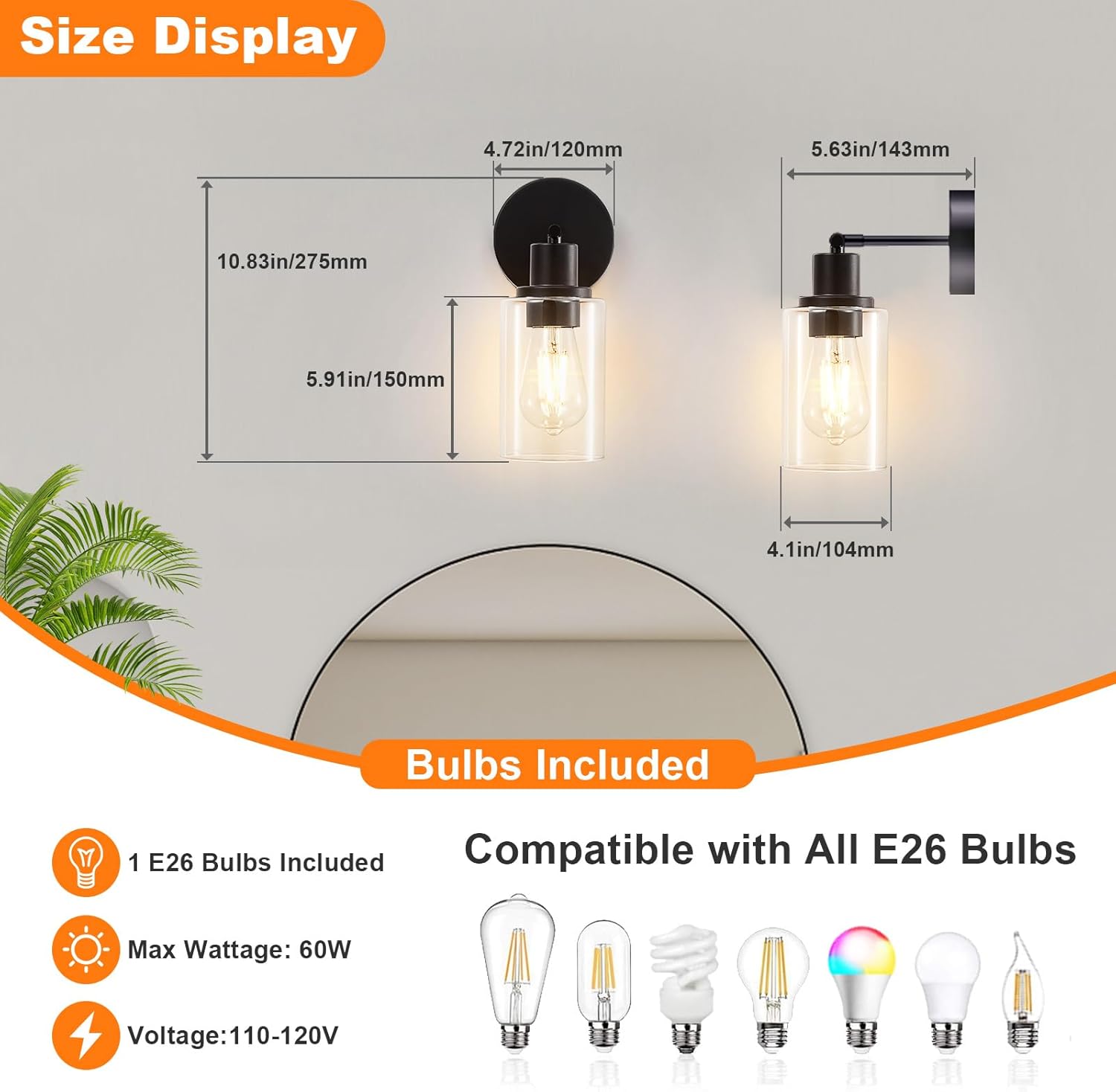 DLLT Wall Sconces Set of Two: Modern Bathroom Vanity Light Fixtures - Matte Black Vanity Lights with Clear Glass Shade - Farmhouse Wall Lamp for Bedroom Living Room Mirror Hallway Kitchen