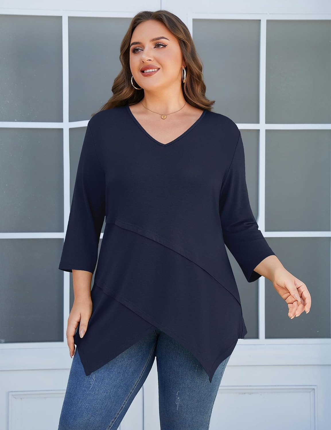 TFSDOD Plus Size Tops for Women 3/4 Sleeve Shirts V Neck T Shirt Spring Summer Blouses 1X-5X