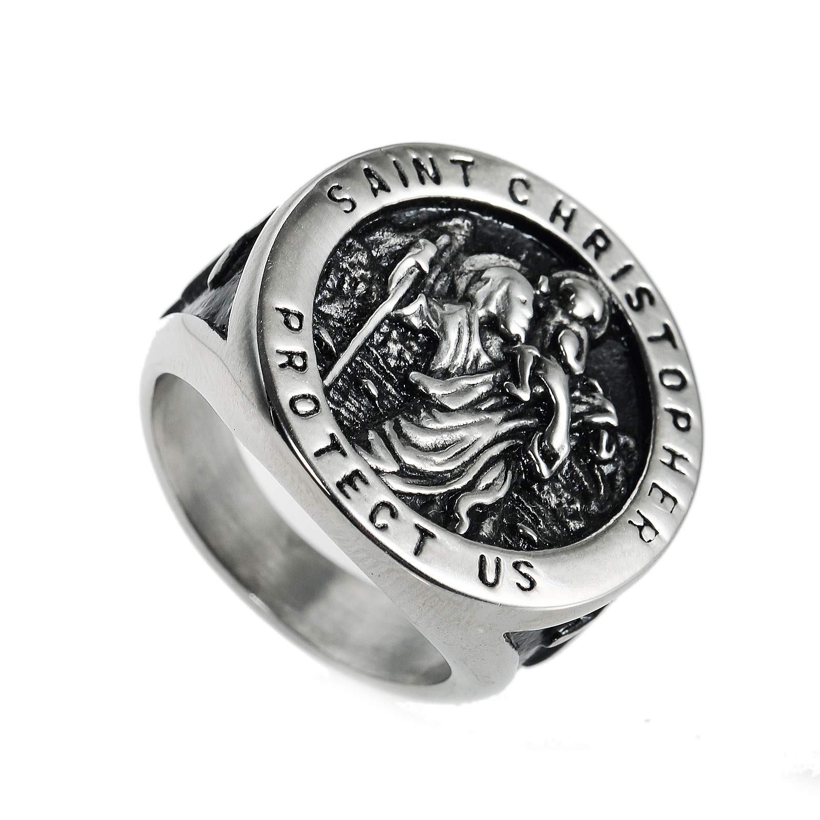 TYMONT St Christopher Signet Ring, Men's Gothic Cross St Christopher Patronus Stainless Steel Ring,Silver,12