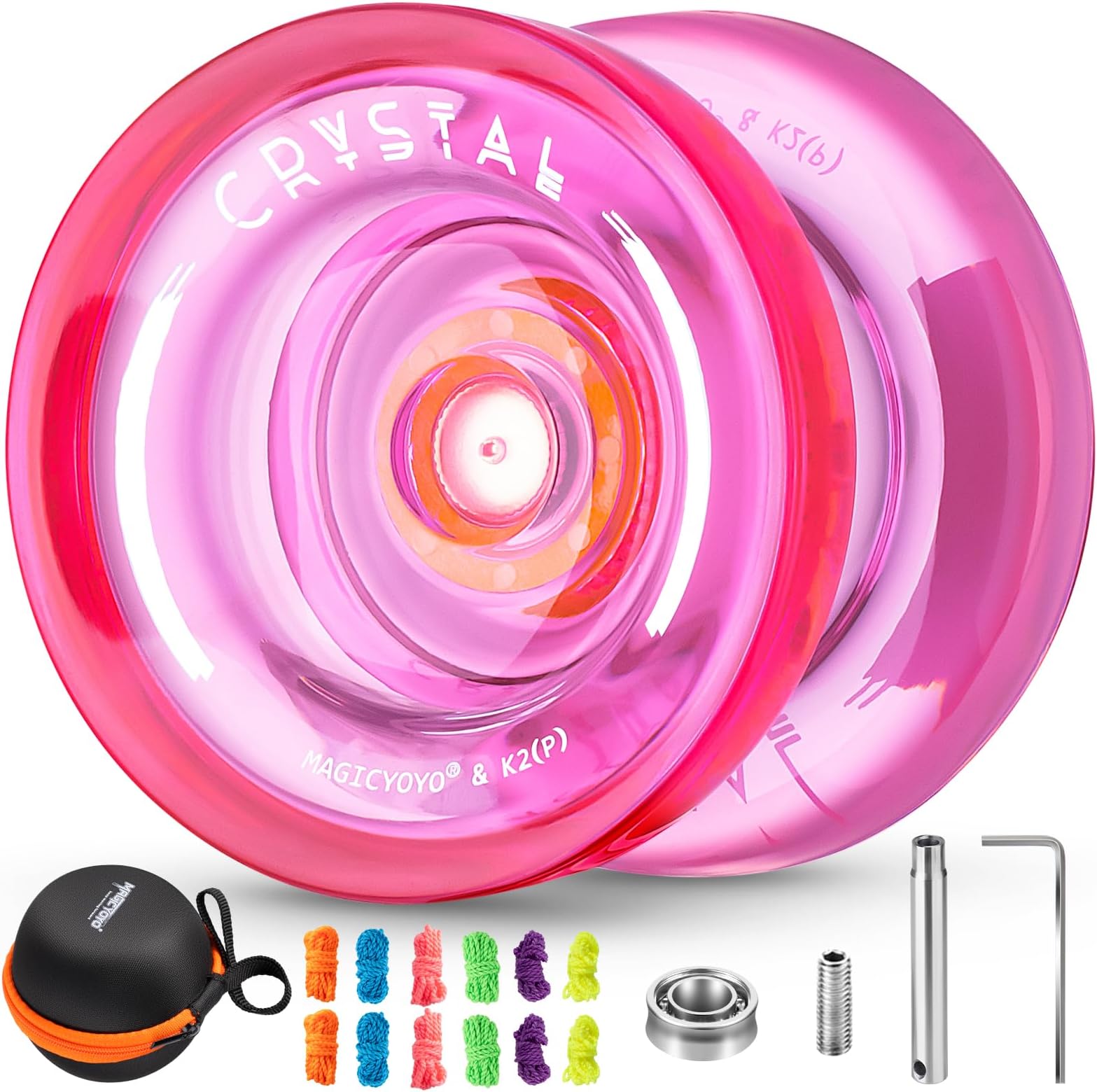 MAGICYOYO K2 Responsive Yoyo for Kids, Crystal Professional for Fingerspin Trick, Dual Purpose Plastic With Extra Unresponsive Bearing for Advanced + 12 Strings + Bag (Pink)