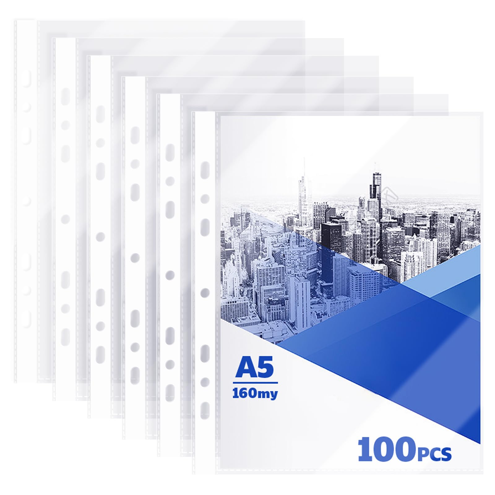 100PCS A5 Punched Pockets, A5 Plastic Wallet 160 Micron Heavy Duty, 7 Hole Clear Plastic Sleeves Top Opening, Frosted Poly Pockets for 2/3 Ring Binders, Files Protector for Office, School, Home
