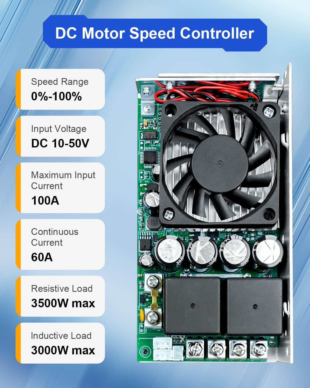 DC Motor Speed Controller Max PWM 3500W, DC 10V-50V & Rated 60A/ Max 100A Brush Motor Stepless Speed Controller with Forward-Brake-Reverse Switch & Ajustable Potentiometer