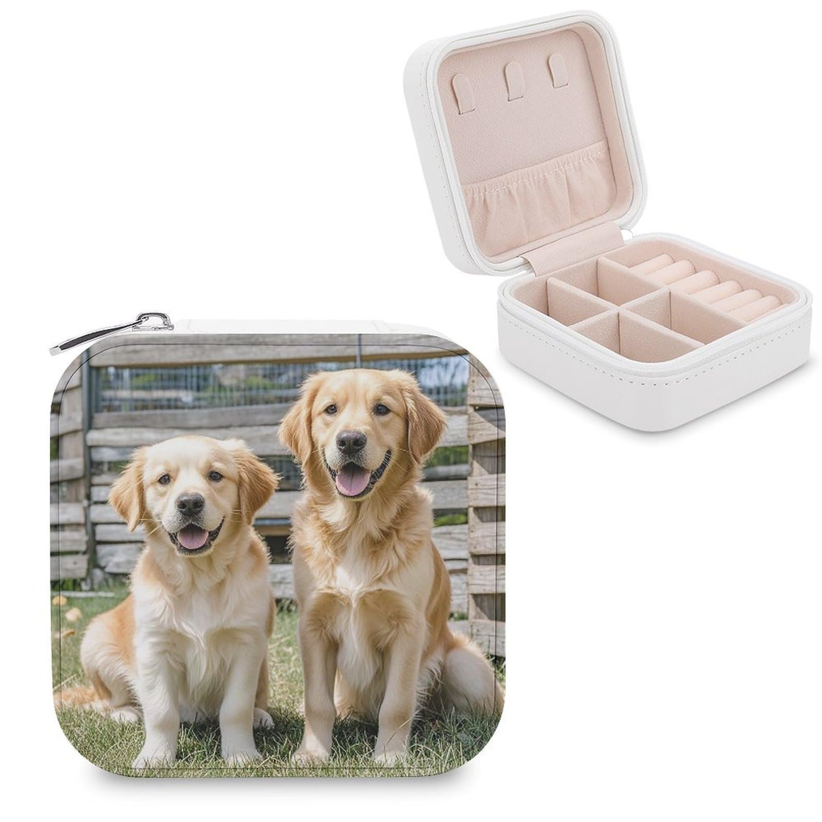 FekiLoot Golden Retriever Dogs Puppies Pets Travel Jewelry Box Small Jewelry Organizer Storage Case Portable PU Leather Mini Jewellry Travel Case Necklace Ring Storage Organizer Gift for Women