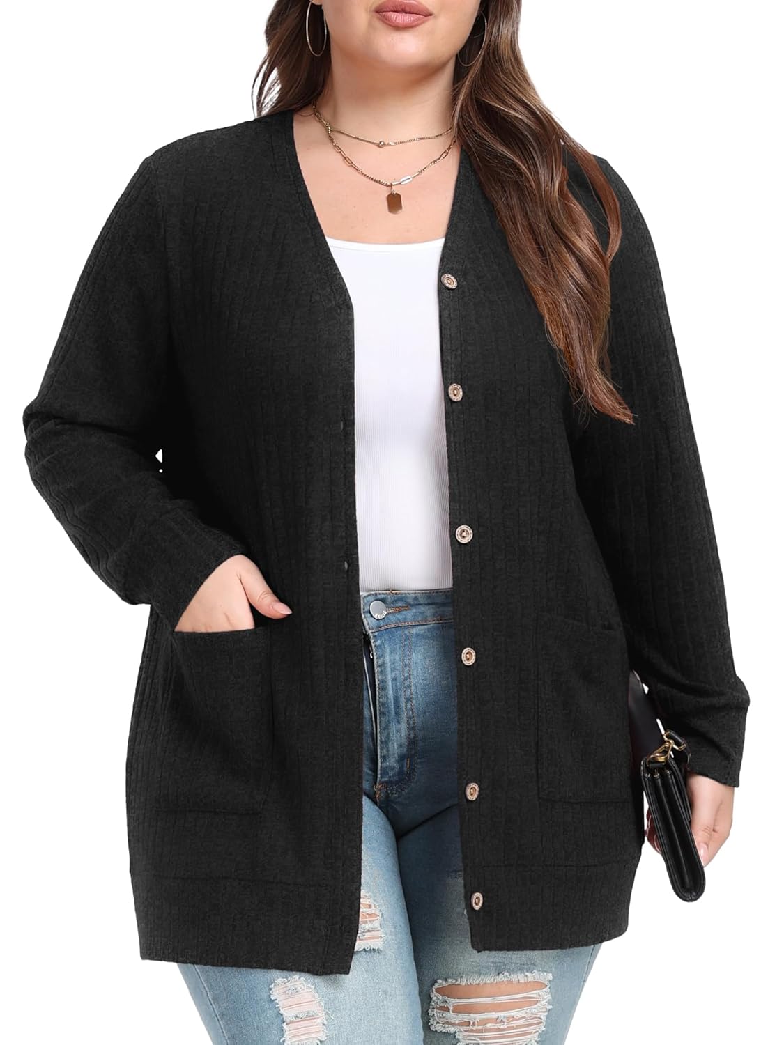 OLRIK Women Plus Size Cardigan Open Front Button Down Sweater Lightweight Jacket with Pockets Fall Winter Outfits
