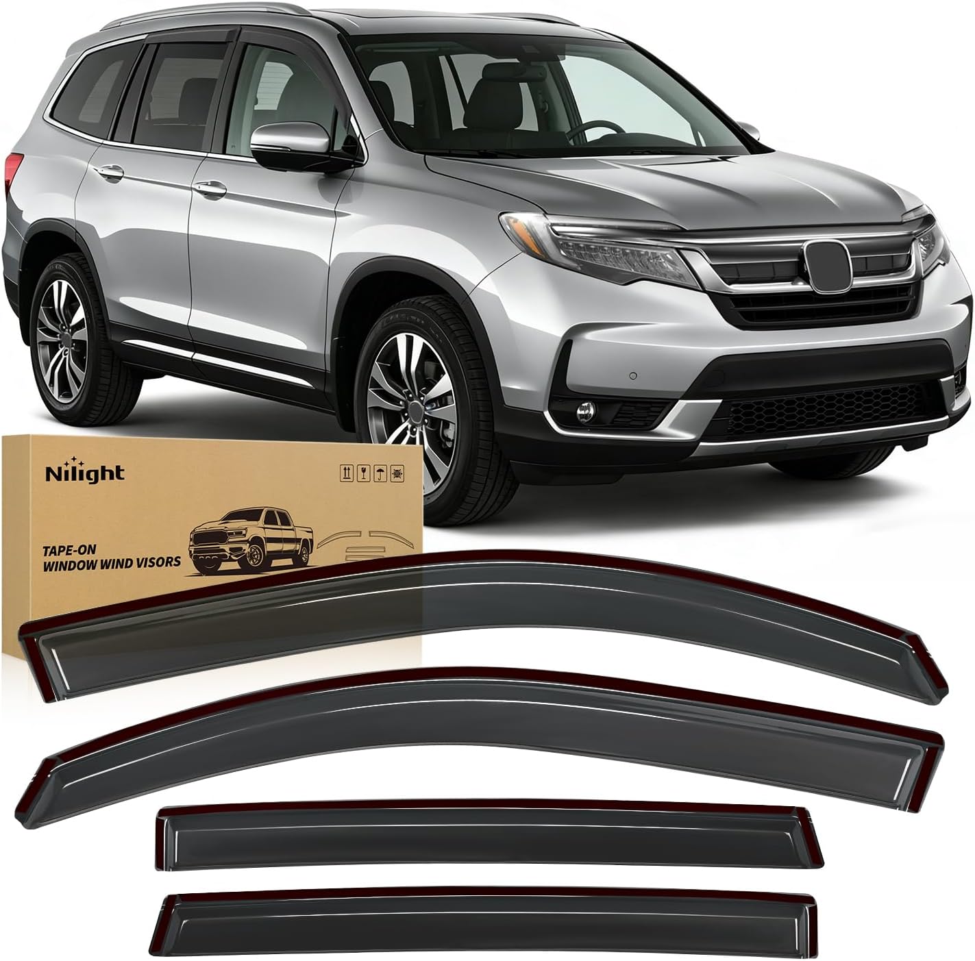 Nilight Window Rain Guards for Honda Pilot 2016-2022, Out-Channel Window Deflectors Vent Shades for All Weather, Highway Driving & Ventilation, Smoke Tinted, 4PCS