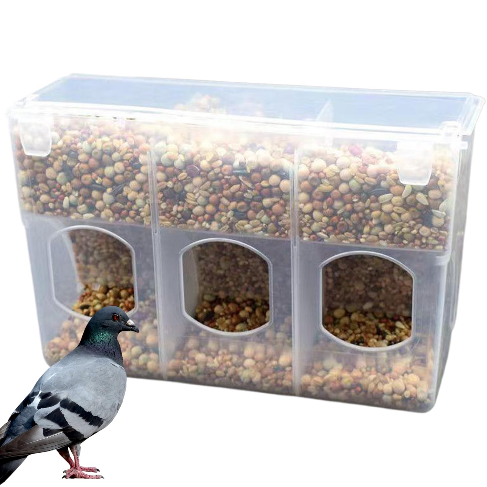 Faisseur de pigeon, 3 trous E mangeoires aux cailles avec compartiment et couvercle anti-poussière, station d'alimentation alimentaire suspendue pour les accessoires en cage