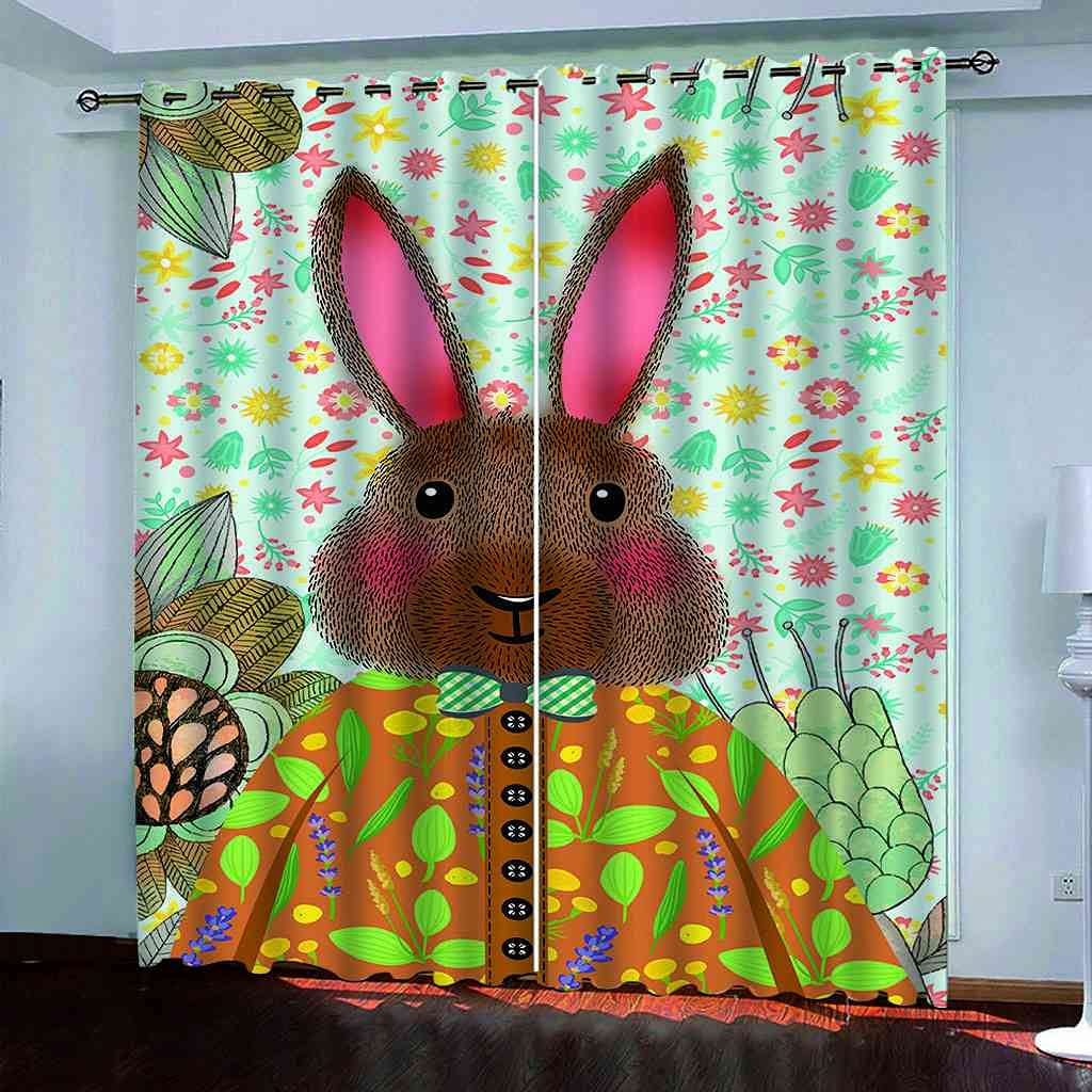 Rideaux occultants en polyester haut de gamme motif lapin gris à oeillets
