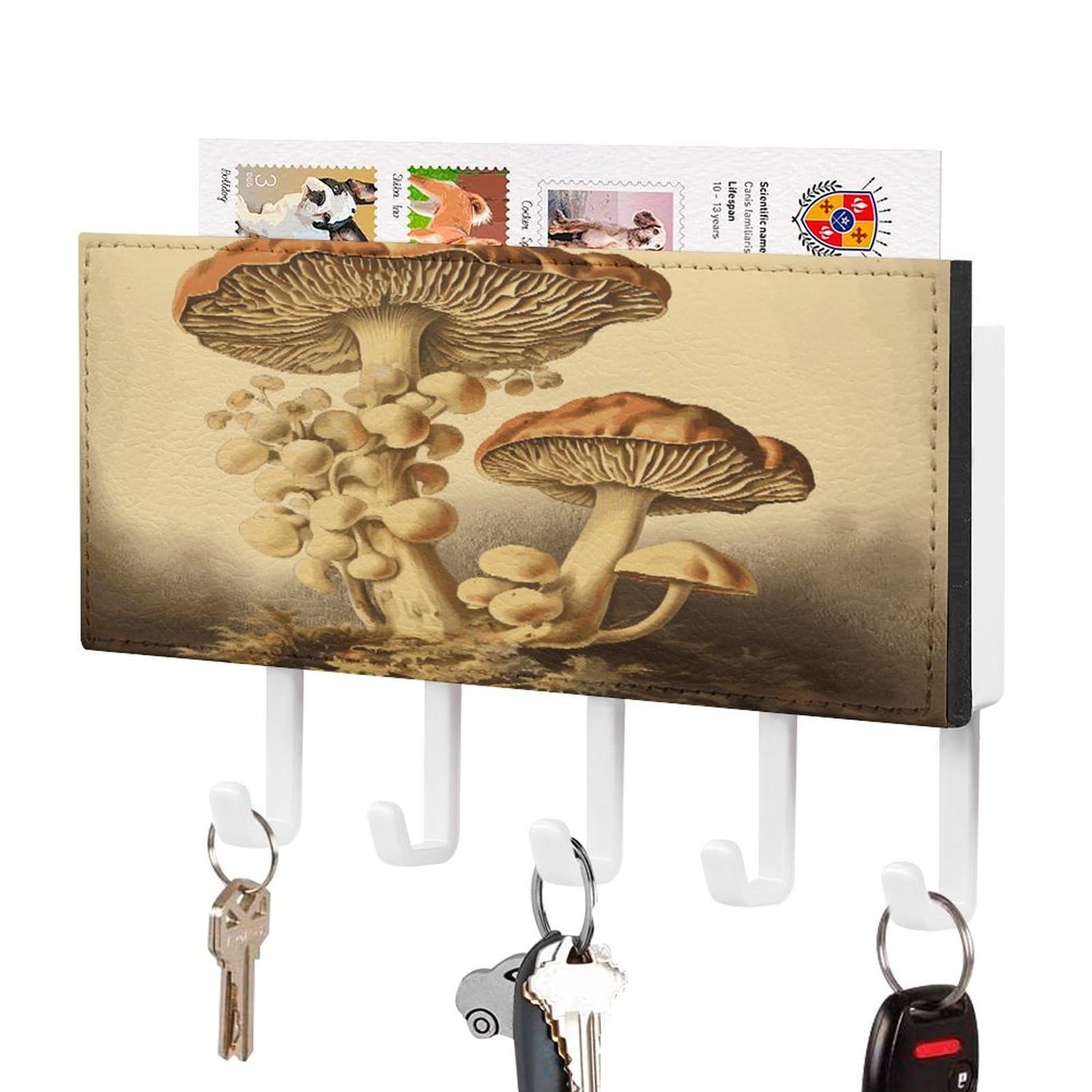 Ldgsuph White-Style Vintage Mushrooms Key Holder Wall Mount Key Hanger With 5 Hooks Fashion Key Organizer Rack Hanging Key Hooks With Mail Organizer Key Rack For Home Entryway Hallway