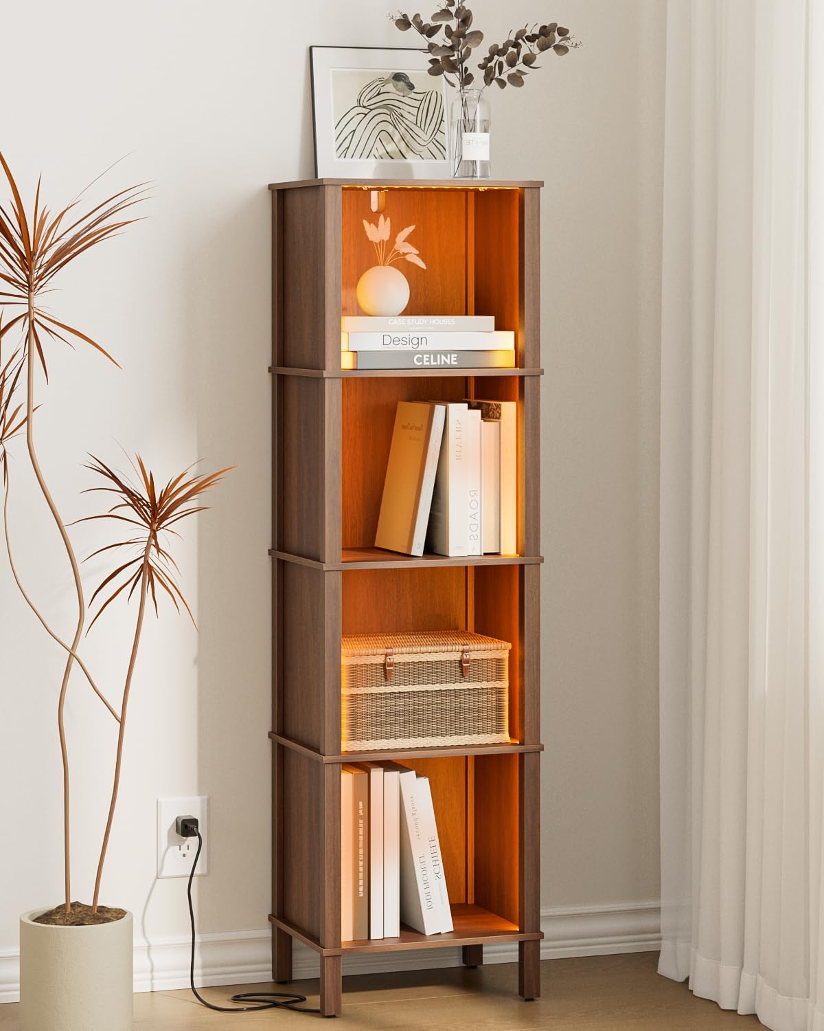 Book Shelf with LED Lights, Modern 4-Tier Bookcase, Open Storage Bookshelf, 11 × 14.2 × 50.4 Inches, Small Narrow Bookshelves for Living Room, Home Office, Bedroom, Walnut