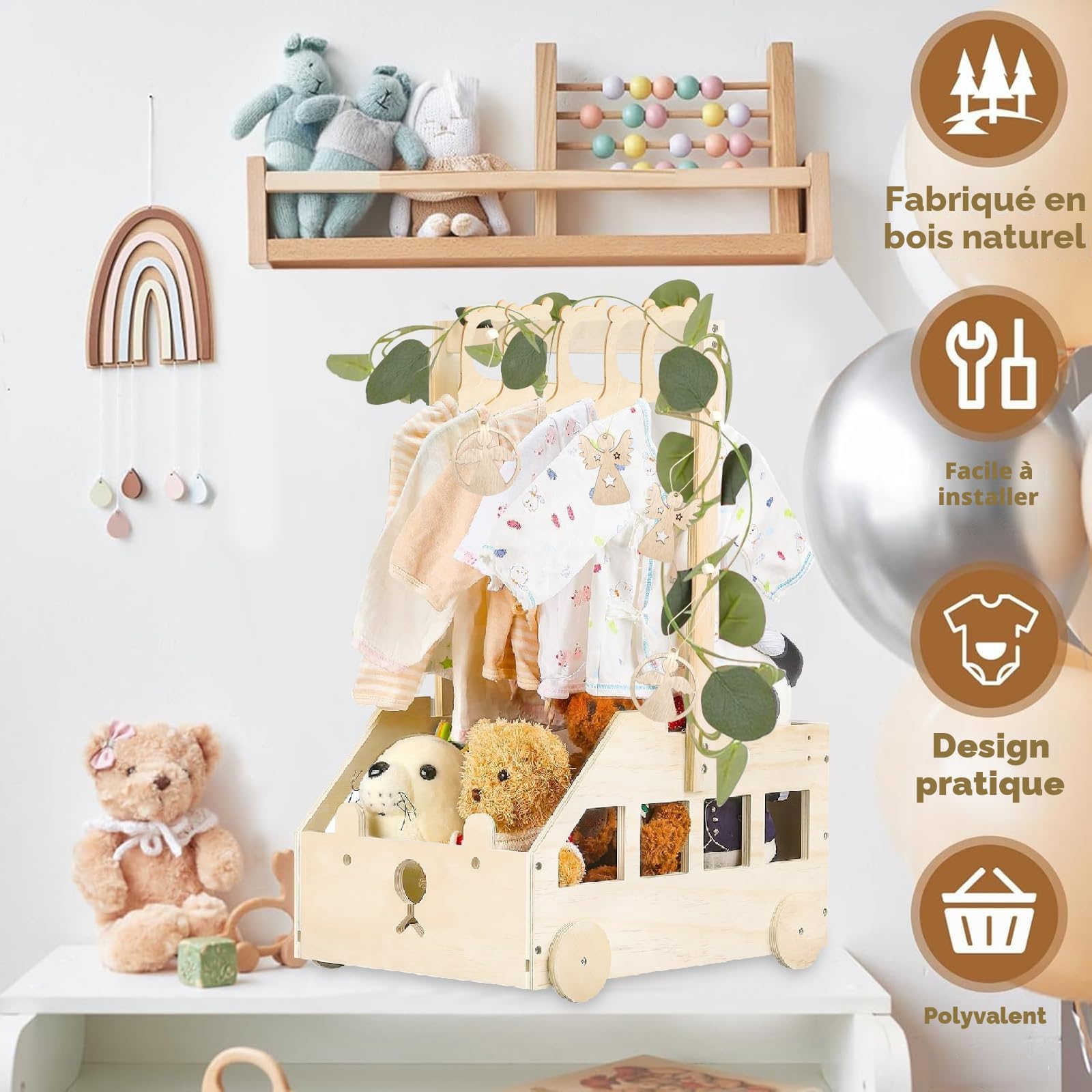 Caisse en Bois Rangement Bébé - Panier Penderie Bébé avec Roues, Poignée et 5 Cintres | Idéale Cadeau Fête Prénatale & Rangement Vêtement Bébé